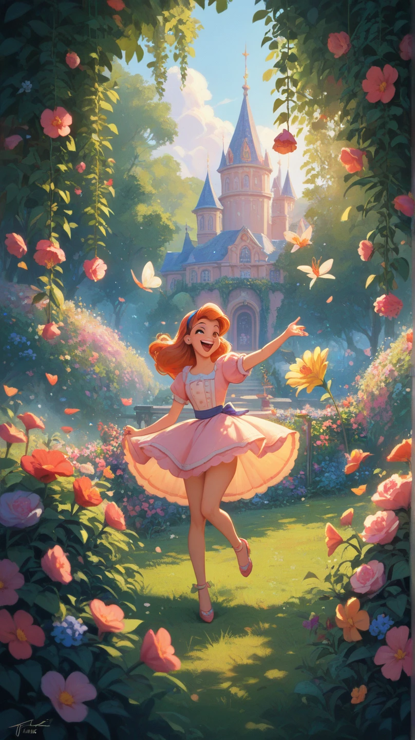 Prompt: in 18th-century European style, A flashback scene of girl and her family laughing and playing in a sunny park, surrounded by blooming flowers and greenery.
Lighting: Bright, cheerful sunlight creating a joyful atmosphere.
Style: Disney style, whimsical and heartwarming.

