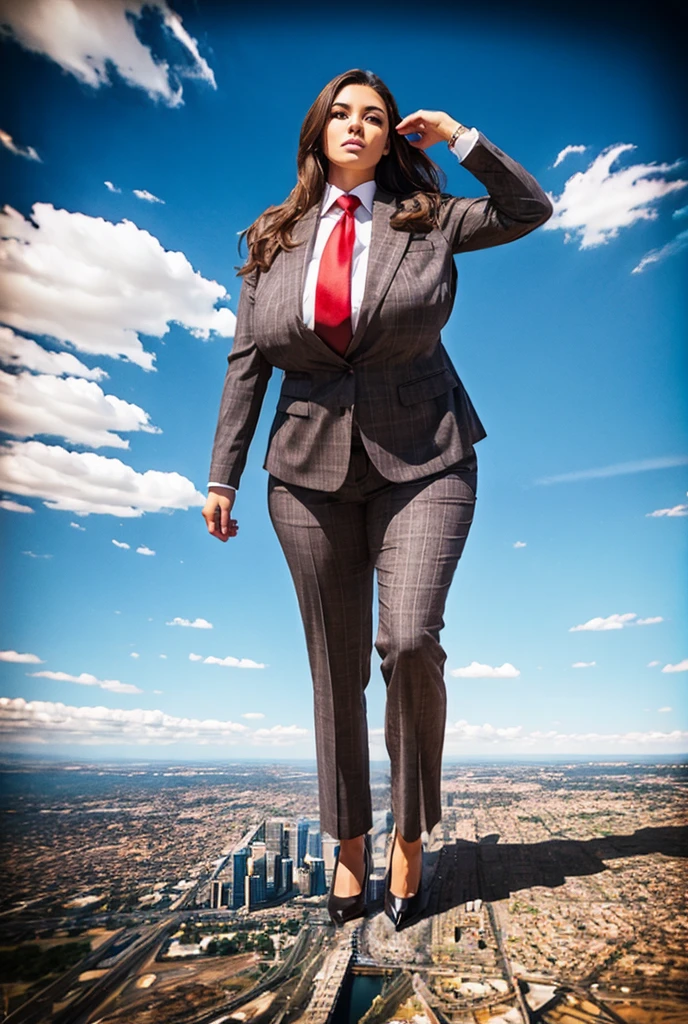 Looking up at the approaching young giantess from below, Giantess art, 500 miles tall giga giantess, young sophisticated and stylish woman in a light grey italian pinstriped trouser suit, form fitting crisp white office shirt, and a large wide blue necktie in a windsor knot, with a beautiful, curvaceous figure, large natural breasts, and long wavey redhead hair, with a curvaceous figure and massive breasts. wearing blue rounded court high heels with uncovered feet and standing, rampage-like pose, with a city skyscrapers background of mega-city, skyscapers, partially obscured by a hazy, cloudy atmosphere. The image is a high-resolution, masterpiece-quality, cinematic, ultra-detailed, and hyper-photorealistic photograph, with perfect hands, face, and lighting. ultra-detailed, 8K, photo-realistic, hyper-realistic, masterpiece, intricate details, full body view. Looking at camera, The image is a high-resolution, masterpiece-quality, cinematic, ultra-detailed, and hyper-photorealistic photograph, with perfect hands, face, and lighting. ultra-detailed, 8K, photo-realistic, hyper-realistic, masterpiece, intricate details, viewed from below