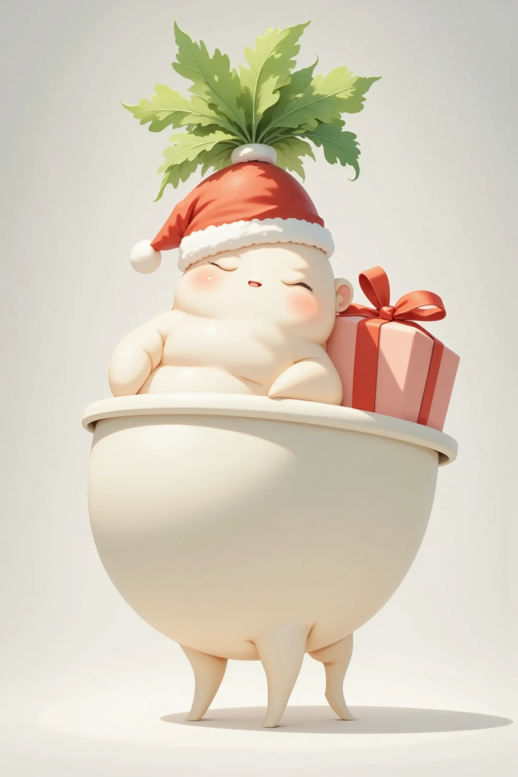 (masterpiece, top quality,  detailed description ,  amazing high resolution , Photographic images ),サンタ衣装をきたcute大根, Santa costume ,Mochimochi daikon  ,  I have a gift box  ,cute,I'm taking a bath in a pot 