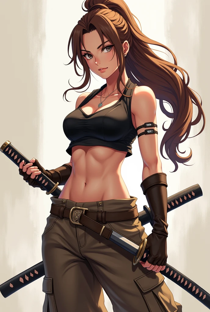 colored pencil drawing. Sketch. Mujer anime.  Ropa militar ajustada. Sexy Athletic.