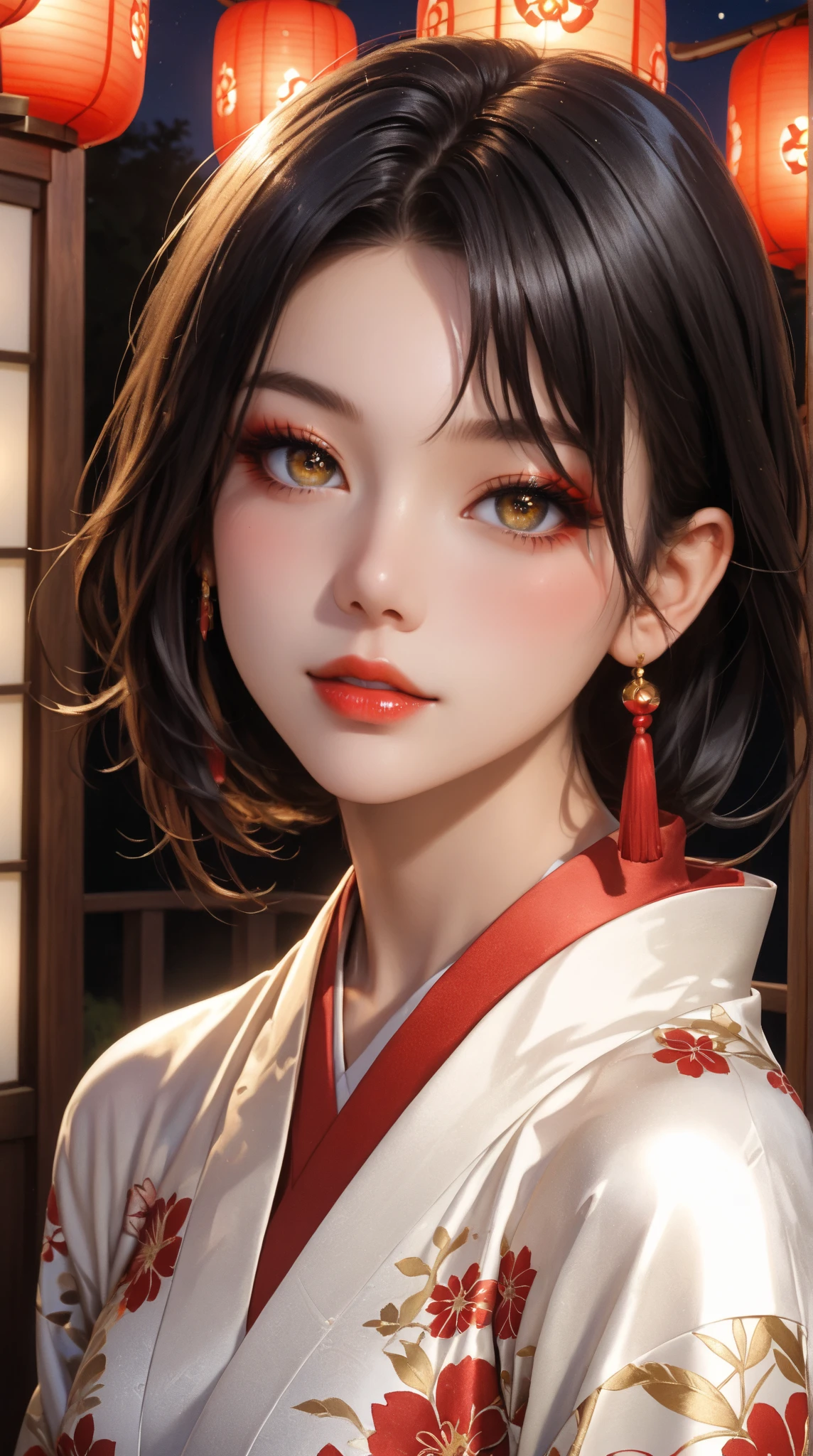 ** Detailed AI photo prompt :**  

" Highly detailed portrait of an elegant and sensual young Japanese woman ,  with a traditional and impactful look .  She has extremely long black hair that reaches her feet , smooth and shiny,  carefully groomed in a traditional hairstyle with modern touches .  Your eyes have an incandescent gray hue ,  shining in a mesmerizing ,  with makeup that accentuates the intensity of your gaze :  outlined in well-defined black and shade in neutral tones .  

 Her skin is impeccably smooth ,  of a pale and refined tone ,  highlighting a well-crafted makeup ,  with subtle blush on her cheekbones and lips painted in a bright red,  referring to the classic aesthetic of geisha .  She wears a traditional kimono from the years 70 ,  made of silk with floral patterns detailed in shades of red , gold and black,  perfectly adjusted to her slender body .  

 The garment is strategically opened at the bottom ,  discreetly revealing her long legs ,  delicate and well-proportioned ,  conveying sensuality without losing elegance .  She wears traditional wooden sandals  (can), with red strips ,  highlighting her graceful and refined posture .  

 The background is set with a traditional Japanese atmosphere ,  showing a Zen garden landscape at dusk ,  with illuminated paper lanterns and a warm glow around .  The soft lighting focuses on her ,  highlighting the details of the clothes and makeup ,  while creating an aura of mystery and charm surrounding her figure ."  

 If you need adjustments or want another context , advise me!