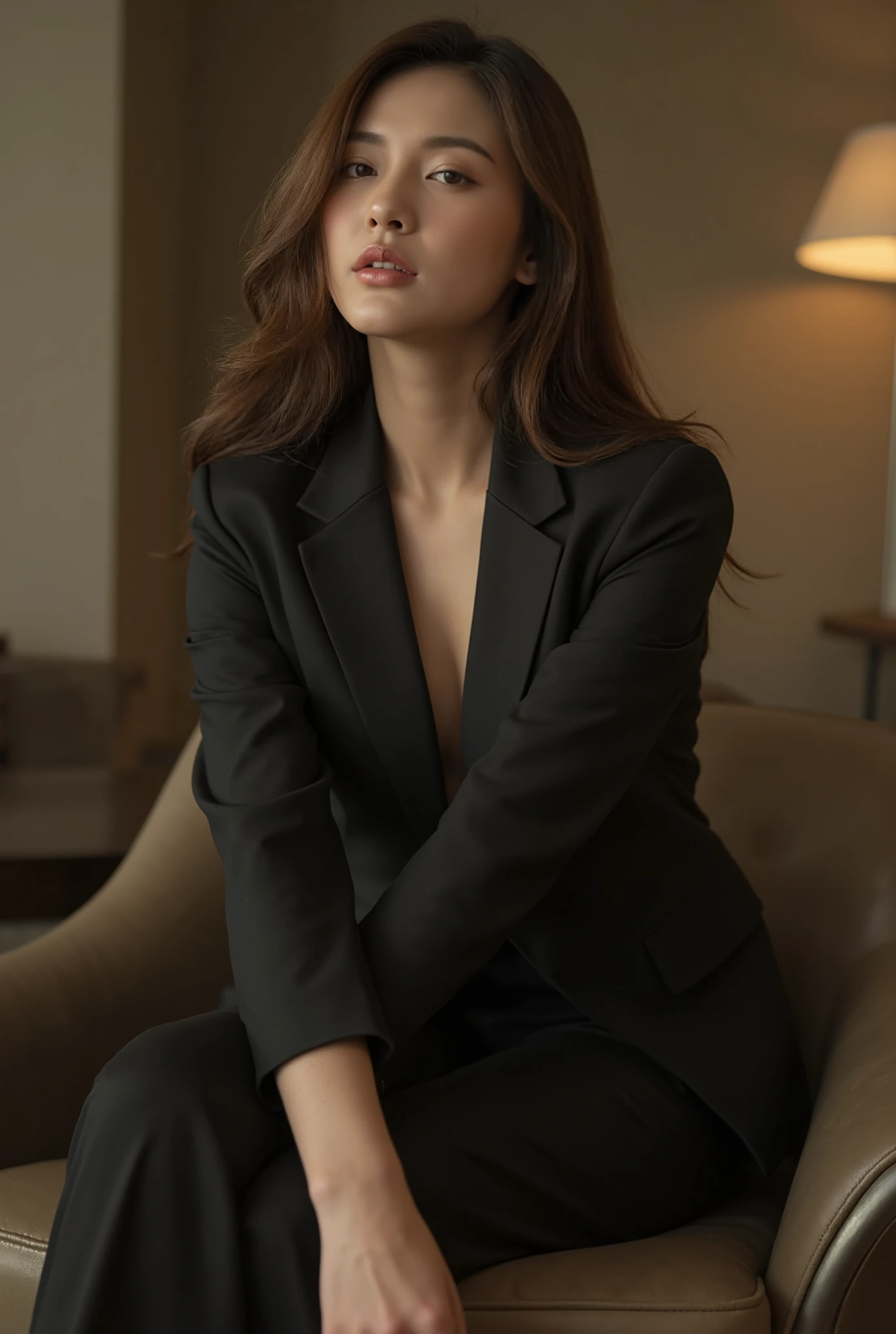 
A poised and elegant woman sitting on the edge of a chair, leaning back with one leg crossed over the other. Her head is tilted back slightly, creating a relaxed yet confident pose.  

She is dressed in a sophisticated and stylish outfit, such as a fitted blazer with tailored trousers, or a chic cocktail dress. Her demeanor exudes confidence, grace, and effortless charm. Her hair cascades naturally, enhancing the sense of movement and elegance.  

A luxurious indoor setting, such as a high-end lounge or a modern studio with minimalistic furniture. The chair is sleek, with a contemporary or vintage design, adding a touch of sophistication.  


Soft, directional lighting that accentuates her posture, creating subtle shadows and a polished glow. Warm tones enhance the mood, highlighting her features and the textures of her outfit.  

Timeless and classy, with a hint of modern glamour, emphasizing clean lines, fluidity, and an artistic focus on the human form.  


Confident and relaxed, with an air of sophistication and allure. The scene feels intimate yet professional, capturing a balance between strength and elegance.  

A slightly low angle, framed to highlight the dynamic composition of her pose, with the chair and her posture as focal points.  

Ultra-high resolution with photorealistic detail, capturing textures, expressions, and lighting with precision.  


The composition should emphasize the contrast between her poised posture and the sense of relaxed movement, with attention to symmetry and detail in the overall scene.,Thai woman