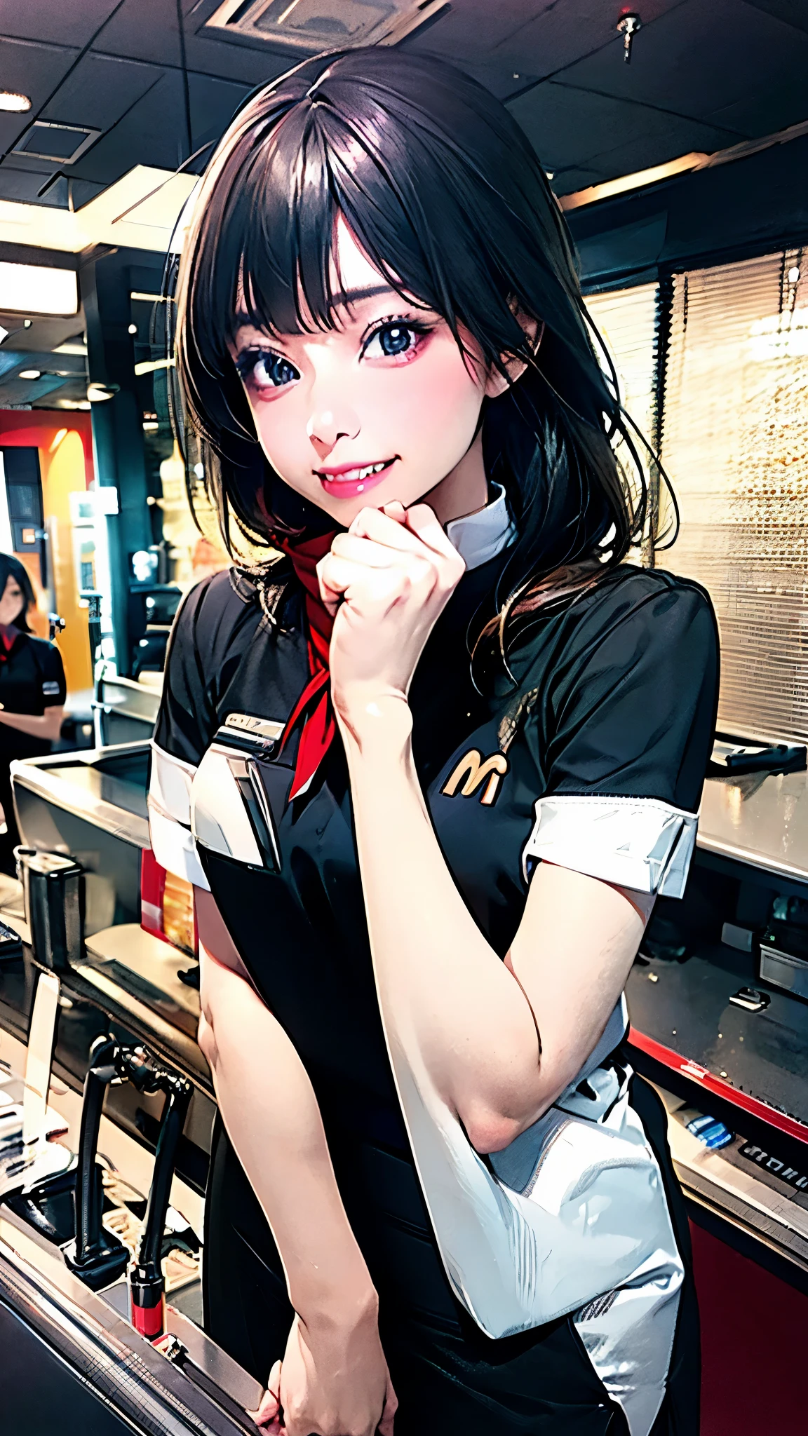 smiling woman, McDonald employee, black uniform dress, white short-sleeve shirt, red ribbon scarf, standing pose, hands clasped, professional attire, customer service role, clean restaurant counter, modern fast food interior, bright lighting, menu boards in background, soft focus background, realistic style, highly detailed, portrait orientation”