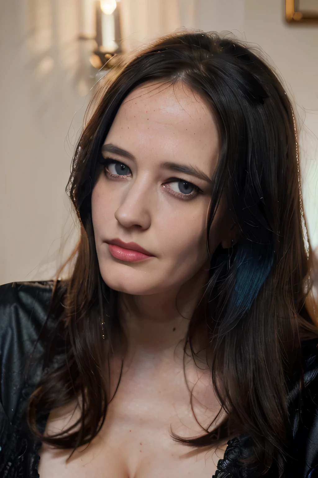 a highly detailed and realistic portrait of a 45 year Eva Green with long black hair, nasal labia folds,piercing highlighted cheekbones, piercing squinted blue eyes staring directly at the viewer, detailed and anatomically accurate cleavage thin narrow medium pear shape, high resolution, best quality, 8k hd