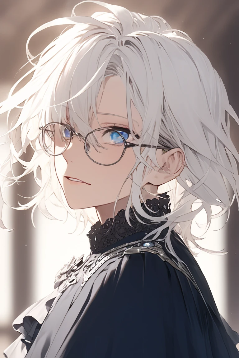 Alone,  High definition ,  VERY DETAILED,  초High definition,  bangs ,   white hair,   hair on eyes ,  Wolfcut,  fuzzy expression  ,  Keep your mouth shut,   blurry background ,   soft color , Adult male,  good-looking,  Frill Shirt , High-end glasses ,  as seen from the side, Royal uniform draped over clothes