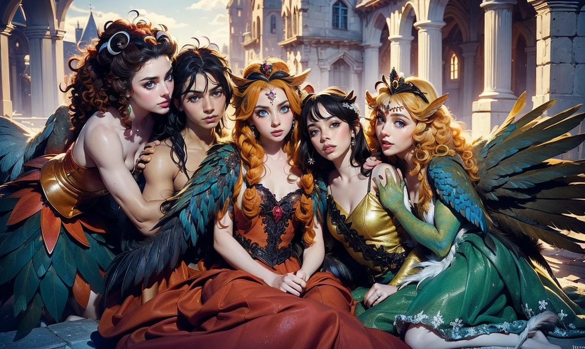 fantasy setting. close up. standing bunched in together in the middle of the picture. ((only 2 unique lovely harpy princesses:1.5)), unique personalities, ((unique expression on face:1.5)), (((unique natural hair colored:1.5))), ((red hair)), ((blond hair)), ((black hair)), (((unique natural eye color:1.5))), a hint of feathers on the skin, wearing elaborate tasteful flowing floral gowns, ((looking straight at the camera:1.5)), ((dark wings)), pretty castle ruins background.
