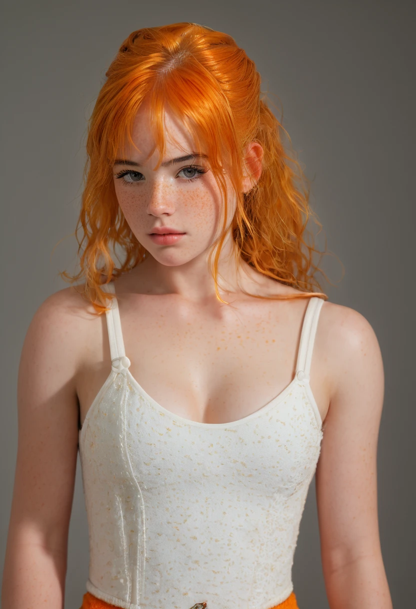 masterpiece, best quality, highly detailed, ultra high res, young adult, orange/broth hair, hour glass physique, freckles, sexy, thick