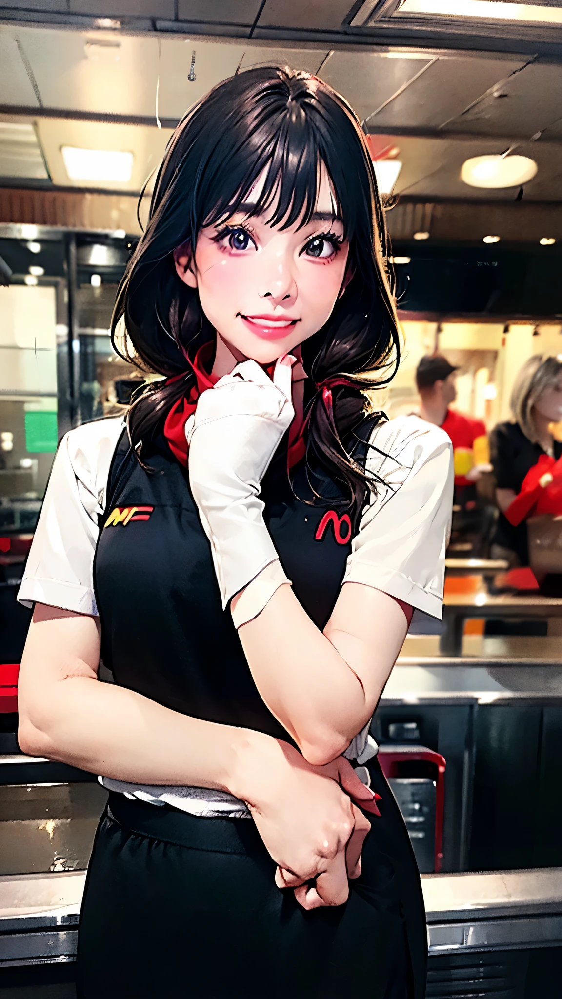 smiling woman, McDonald employee, black uniform dress, white short-sleeve shirt, red ribbon scarf, standing pose, hands clasped, professional attire, customer service role, clean restaurant counter, modern fast food interior, bright lighting, menu boards in background, soft focus background, realistic style, highly detailed, portrait orientation”