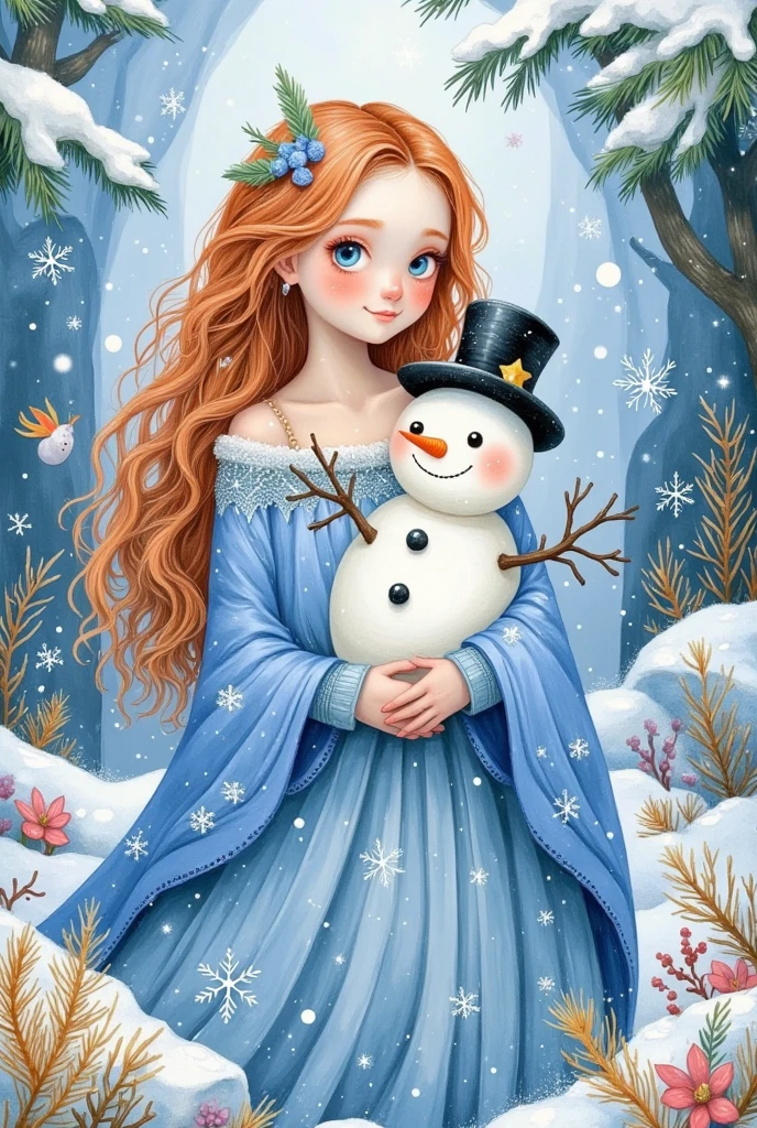 a painting of a woman in a blue dress holding a snowman, queen of winter, winter princess, goddess of winter, whimsical art, inspired by Victor Nizovtsev, anna nikonova aka newmilky, by Ivana Kobilca, cute detailed digital art, in the winter, winter in the snow, snow glow, jen bartel, winter painting