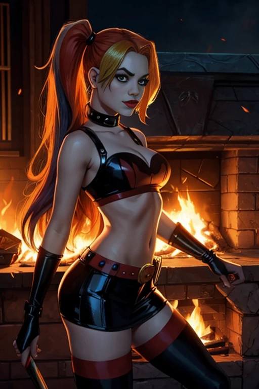 Harley Quinn, mujer sexy,dc comics,small, semidesnuda,harlequin costume, red and black, vestida con un traje de arlequín color rojo y negro, carta de corazones rojos, carta de joker, joven, super skynny body, small and beautiful buttocks, abdomen tonificado, senos pequeños y hermosos, guantes, botas, tiene un mazo gigante en la mano, pose sexy, malevolent, obscena, poderosa, super sensual, She is standing on the Batmobile that is on fire, Dramatic background, en el fondo esta Arkham Asylum en llamas, apocalyptic atmosphere, joker, mirada sensual, ojos azules y hermosos, classic two pigtails hairstyle,Hair dyed in bright blonde color, Best quality,4K,8K,A high resolution,Masterpiece,Ultra detailed,Realistic, Photorealistic,photo realistic