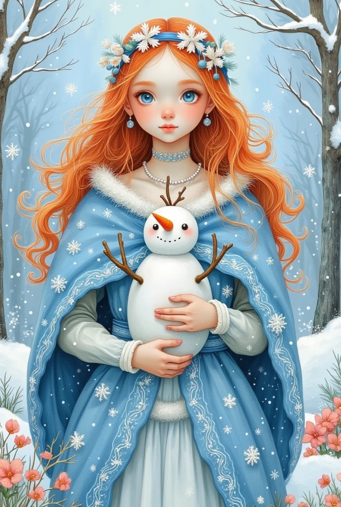 a painting of a woman in a blue dress holding a snowman, a detailed painting inspired by Victor Nizovtsev, behance contest winner, pop surrealism, queen of winter, winter princess, goddess of winter, whimsical art, anna nikonova aka newmilky, cute detailed digital art, winter in the snow, in the winter, jen bartel, snow glow