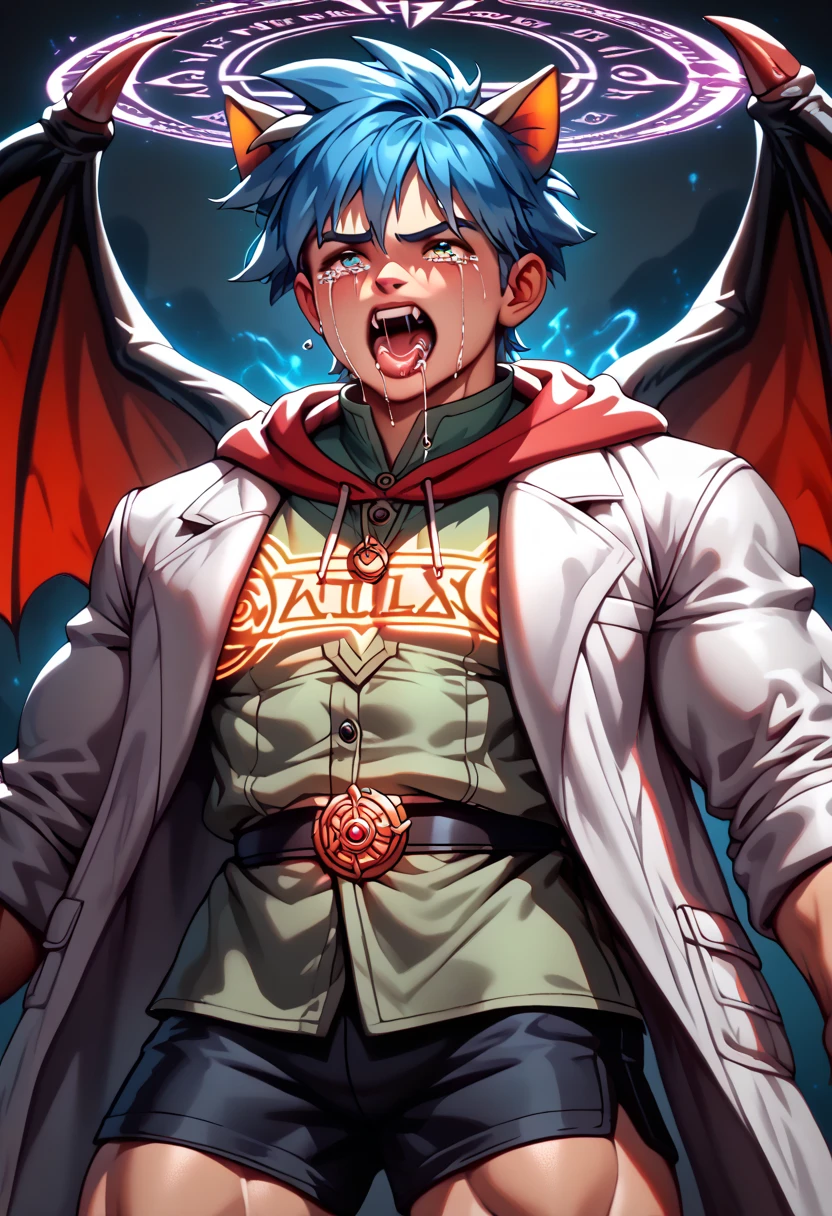 ((Boy with blue hair and cat ears )), I'm wearing a white coat,((( boy))),Shorts, anatomically correct, (((8K resolution))), He has a thick dictionary in his hand , trained muscles like a bodybuilder, big wings, Thick chest peeking out from her chest , green shirt , He lowers his orange hood to his collar ,((Devilish body, Evil Magic Circle , Zombies or Demons , ejaculates)), crying with his big mouth open ,gritting teeth, drool, Always Wear Cat Ears , huge muscles,4boy,Body like a Hulk ,gigantic penis