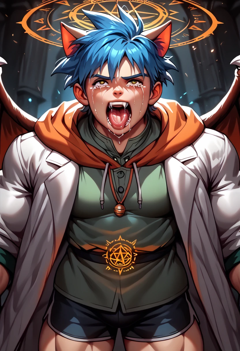 ((Boy with blue hair and cat ears )), I'm wearing a white coat,((( boy))),Shorts, anatomically correct, (((8K resolution))), He has a thick dictionary in his hand , trained muscles like a bodybuilder, big wings, Thick chest peeking out from her chest , green shirt , He lowers his orange hood to his collar ,((Devilish body, Evil Magic Circle , Zombies or Demons , ejaculates)), crying with his big mouth open ,gritting teeth, drool, Always Wear Cat Ears , huge muscles,4boy,Body like a Hulk ,gigantic penis