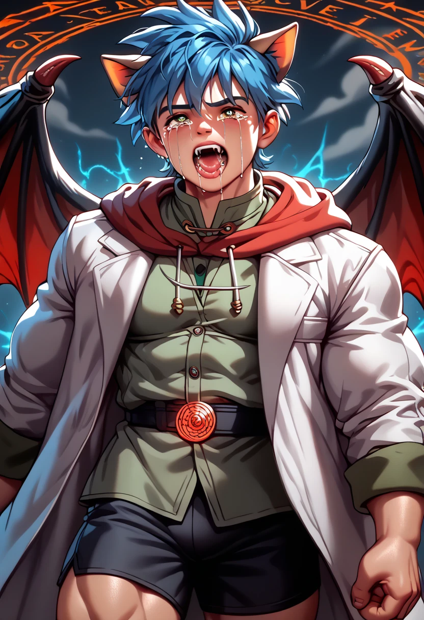 ((Boy with blue hair and cat ears )), I'm wearing a white coat,((( boy))),Shorts, anatomically correct, (((8K resolution))), He has a thick dictionary in his hand , trained muscles like a bodybuilder, big wings, Thick chest peeking out from her chest , green shirt , He lowers his orange hood to his collar ,((Devilish body, Evil Magic Circle , Zombies or Demons , ejaculates)), crying with his big mouth open ,gritting teeth, drool, Always Wear Cat Ears , huge muscles,4boy,Body like a Hulk ,gigantic penis