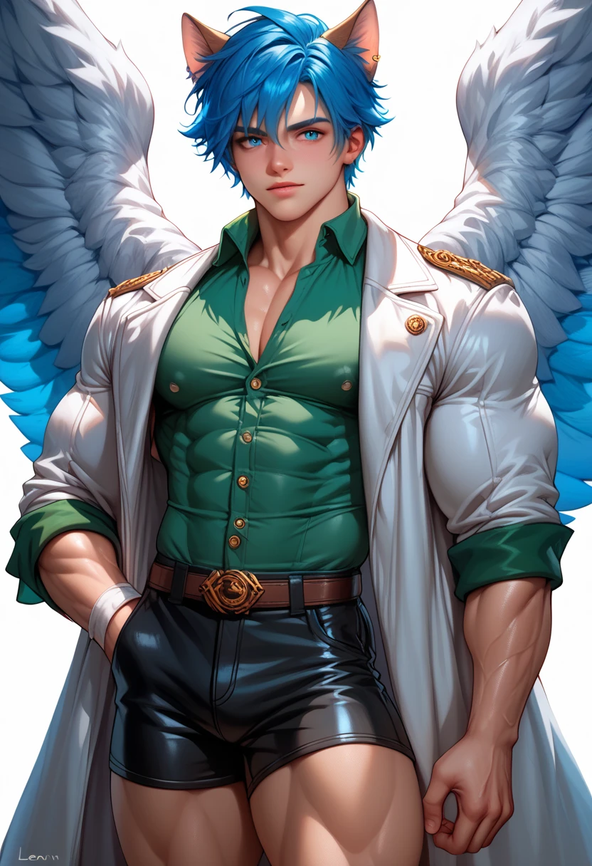 ((Boy with blue hair and cat ears )), I'm wearing a white coat,Leon,leon, boy,Shorts, , anatomically correct, (((8K resolution))),young boy, He has a thick dictionary in his hand , trained muscles like a bodybuilder, Very Big Muscles , big wings, Thick chest peeking out from her chest , green shirt ,gigantic penis