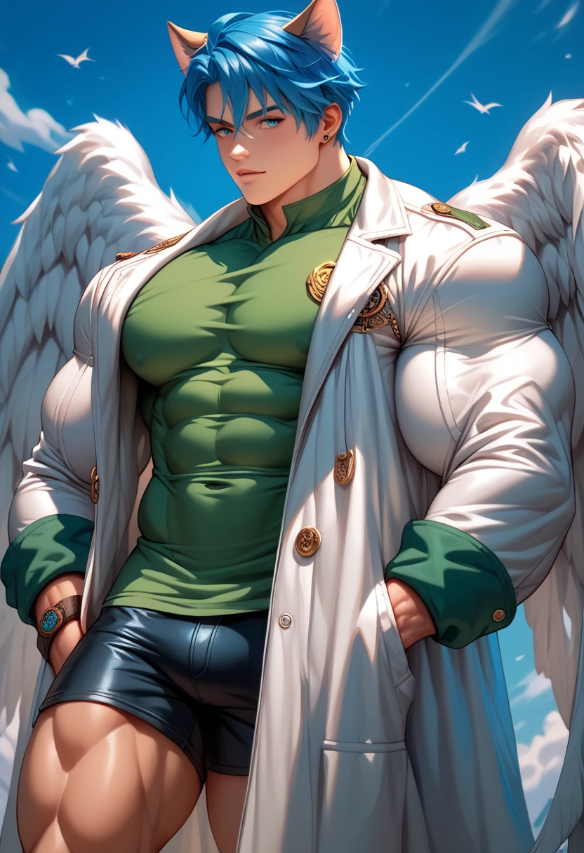 ((Boy with blue hair and cat ears )), I'm wearing a white coat,Leon,leon, boy,Shorts, , anatomically correct, (((8K resolution))),young boy, He has a thick dictionary in his hand , trained muscles like a bodybuilder, Very Big Muscles , big wings, Thick chest peeking out from her chest , green shirt ,gigantic penis