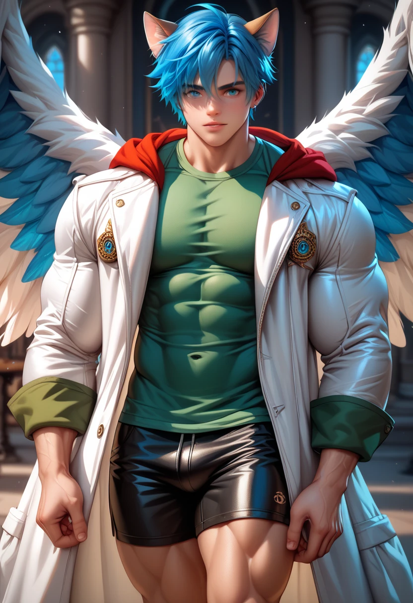 ((Boy with blue hair and cat ears )), I'm wearing a white coat,Leon,leon, boy,Shorts, , anatomically correct, (((8K resolution))),young boy, He has a thick dictionary in his hand , trained muscles like a bodybuilder, Very Big Muscles , big wings, Thick chest peeking out from her chest , green shirt ,gigantic penis