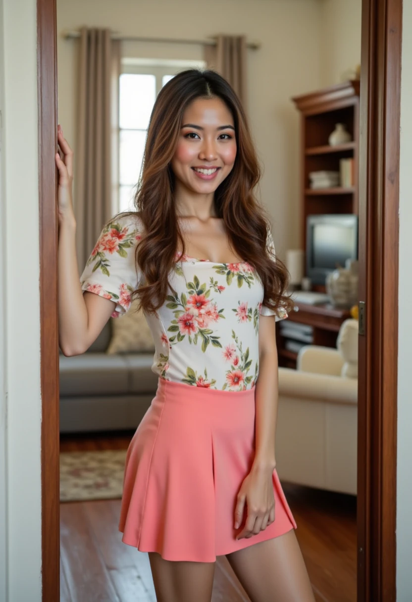 A beautiful Thai woman, 20 years old, with fair skin, stands alone in front of the door, wearing a floral dress for work, featuring a pink skirt slightly above the knee. She has long hair and looks elegant and beautiful. The scene includes a sofa chair, computer, and bookshelf in the background, highlighting her cute, sexy woman's outfit and clean, white teeth. The soft lighting accentuates her stunning appearance and confident demeanor.