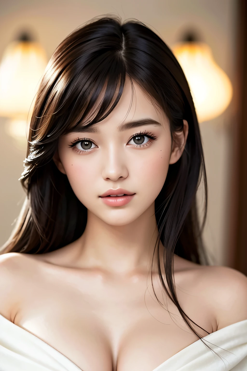 Portrait, 18 year old girl, Asian, realistic face, looks at viewer's face, (((naked))),