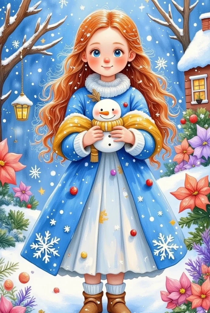 a painting of a woman in a blue dress holding a snowman, a detailed painting inspired by Victor Nizovtsev, behance contest winner, pop surrealism, queen of winter, winter princess, goddess of winter, whimsical art, anna nikonova aka newmilky, cute detailed digital art, winter in the snow, in the winter, jen bartel, snow glow