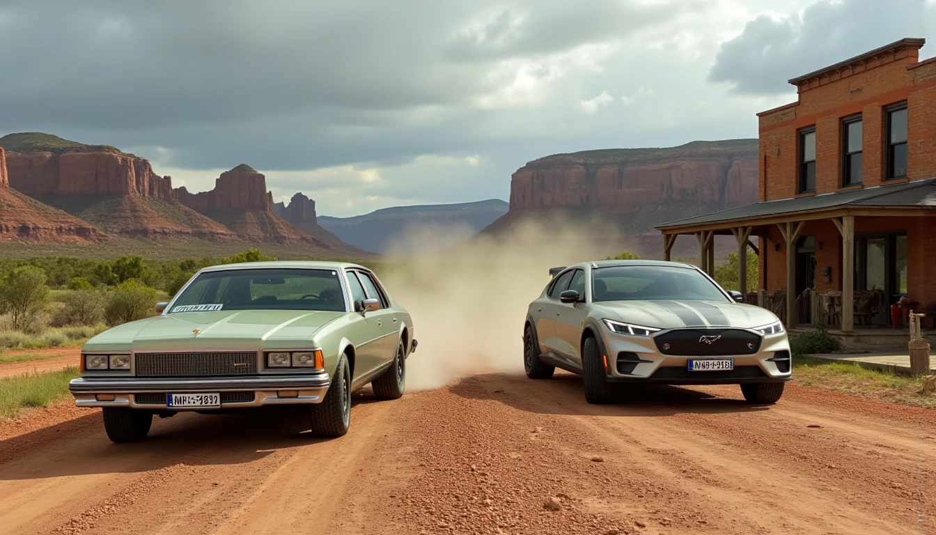 masterpiece, 8k, best quality, analog gloomu of a fluorescent green 1980 Chevrolet Caprice and a white 2024 Ford Mustang Mach-E both driving on a dirty gravel road in Grand Canyon in Arizona, (dilapidated town), western cowboy culture, film grain, high detail, sharp focus, ((photorealism)), realistic, best quality, 8k, award winning, dramatic lighting, epic, cinematic, masterpiece.