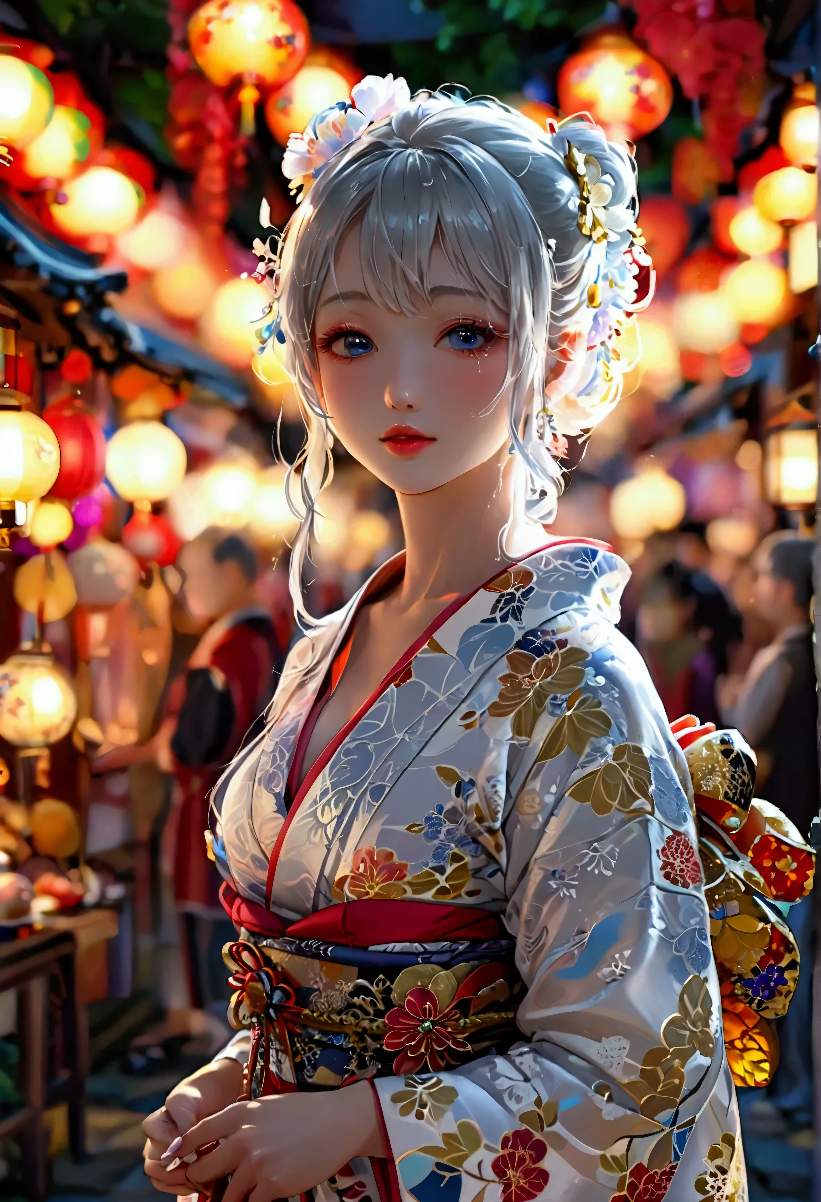 Highest quality, Super quality, 16K, Incredibly absurd, Very detailed, 2.5D, delicate and dynamic, palace, Stained glass, chandelier, Complex Light, , , , Small face, Extremely delicate facial expression, Delicate eye depiction, Extremely detailed hair, (full body photo:1.3), erotic, sole sexy Japanese lady, healthy slim body, 22 years old lady, ,  ((large breasts:1.2), (huge breasts:1.2), (Uplifted and well-defined bust:1.2), (lifted chest:1.2), (perky breasts :1.2),(deep cleavage:1.4),, white silver long hair, sexy long legs, Glowing Skin, Soft Skin, wearing a Japanese traditional Yukata, A complex costume, Costumes in complex colors, Are standing, Japan's Bon Odori Festival, many stalls