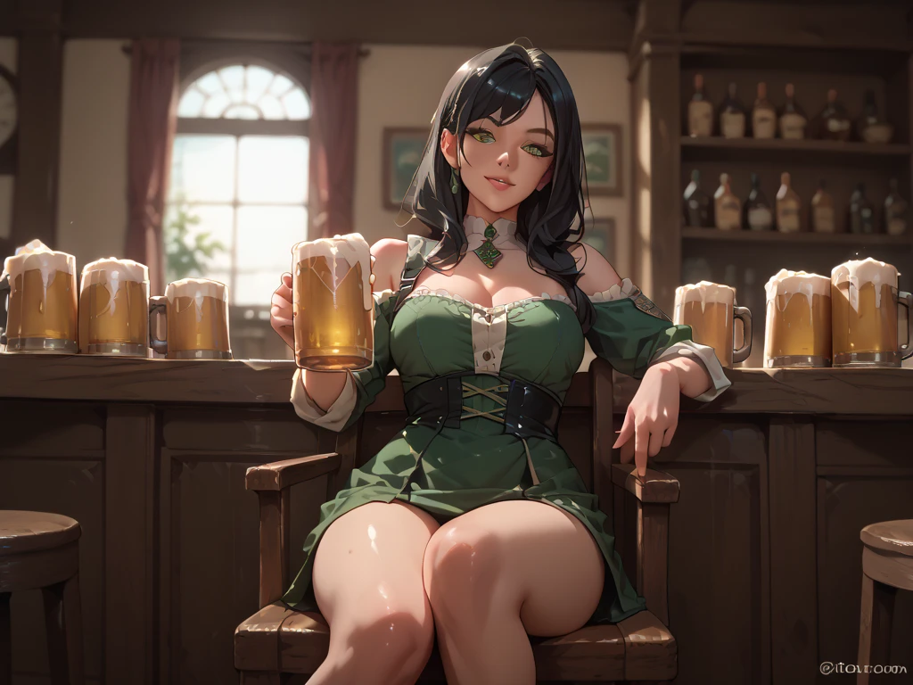 black-haired and green-eyed woman sitting on a chair holding a beer