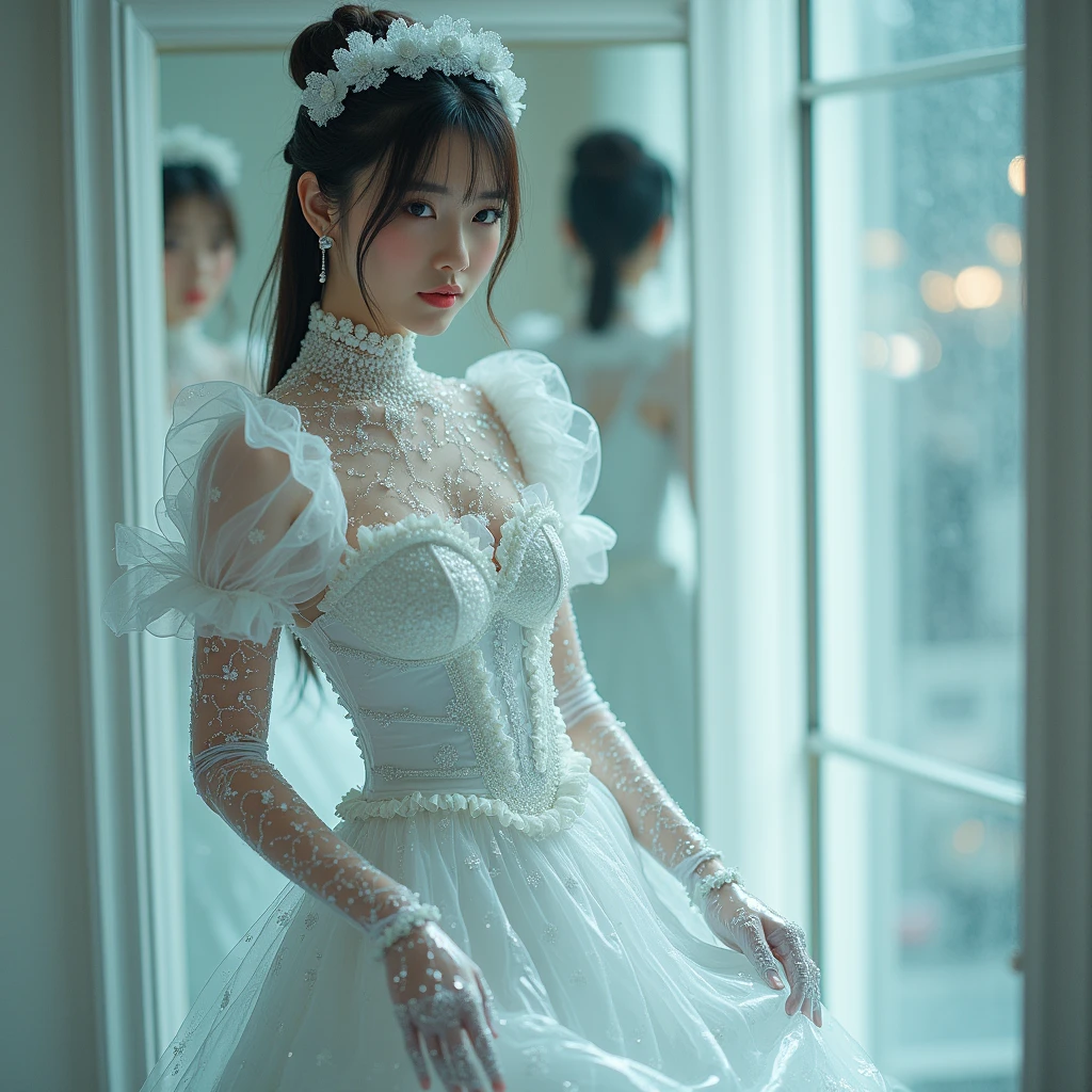 A girl,ChineseGirl,(Di Li Gerba)Wearing a fudge white Spider-Man dress,Stand on the roof of the city,Exquisite facial features,A seductive pose,Lace pleated skirt,White stockings with lace,A huge glowing Spider-Man mark on the chest,cabellos largos dorados,Blue glowing pupils,