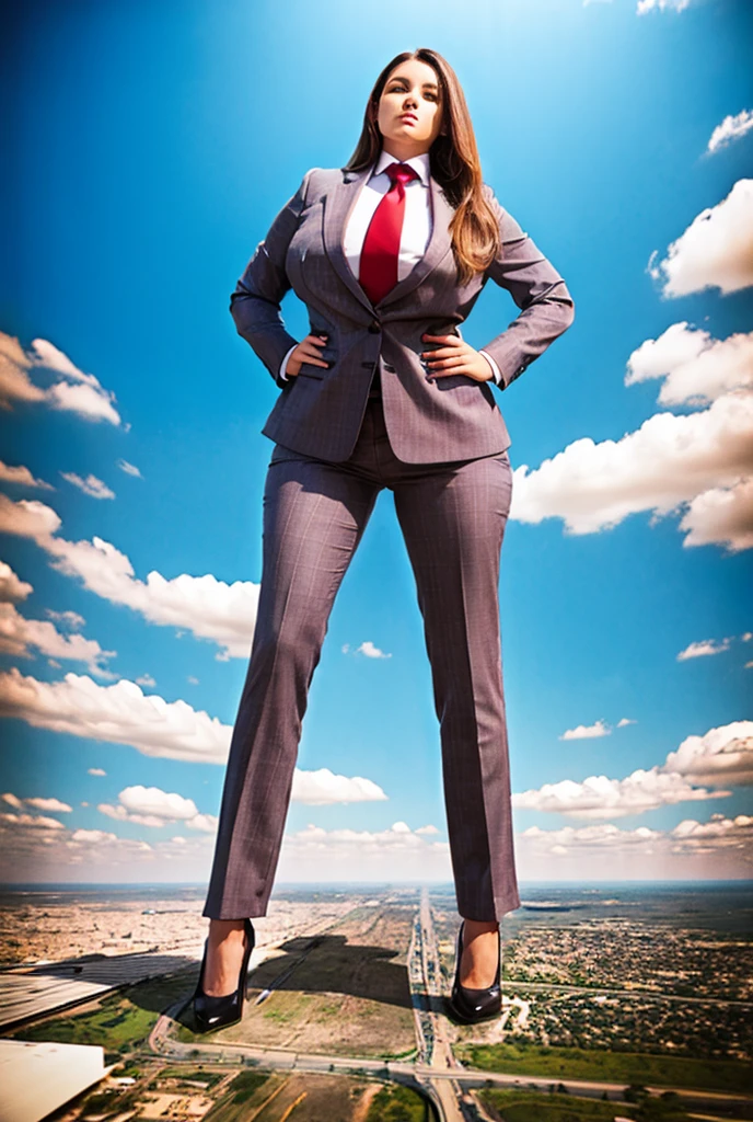 Looking up at the approaching young giantess from below, Giantess art, 500 miles tall giga giantess, young sophisticated and stylish woman in a light grey italian pinstriped trouser suit, form fitting crisp white office shirt, and a large wide blue necktie in a windsor knot, with a beautiful, curvaceous figure, large natural breasts, and long wavey redhead hair, with a curvaceous figure and massive breasts. wearing blue rounded court high heels with uncovered feet and standing, rampage-like pose, with a city skyscrapers background of mega-city, skyscapers, partially obscured by a hazy, cloudy atmosphere. The image is a high-resolution, masterpiece-quality, cinematic, ultra-detailed, and hyper-photorealistic photograph, with perfect hands, face, and lighting. ultra-detailed, 8K, photo-realistic, hyper-realistic, masterpiece, intricate details, full body view. Looking at camera, The image is a high-resolution, masterpiece-quality, cinematic, ultra-detailed, and hyper-photorealistic photograph, with perfect hands, face, and lighting. ultra-detailed, 8K, photo-realistic, hyper-realistic, masterpiece, intricate details, viewed from below