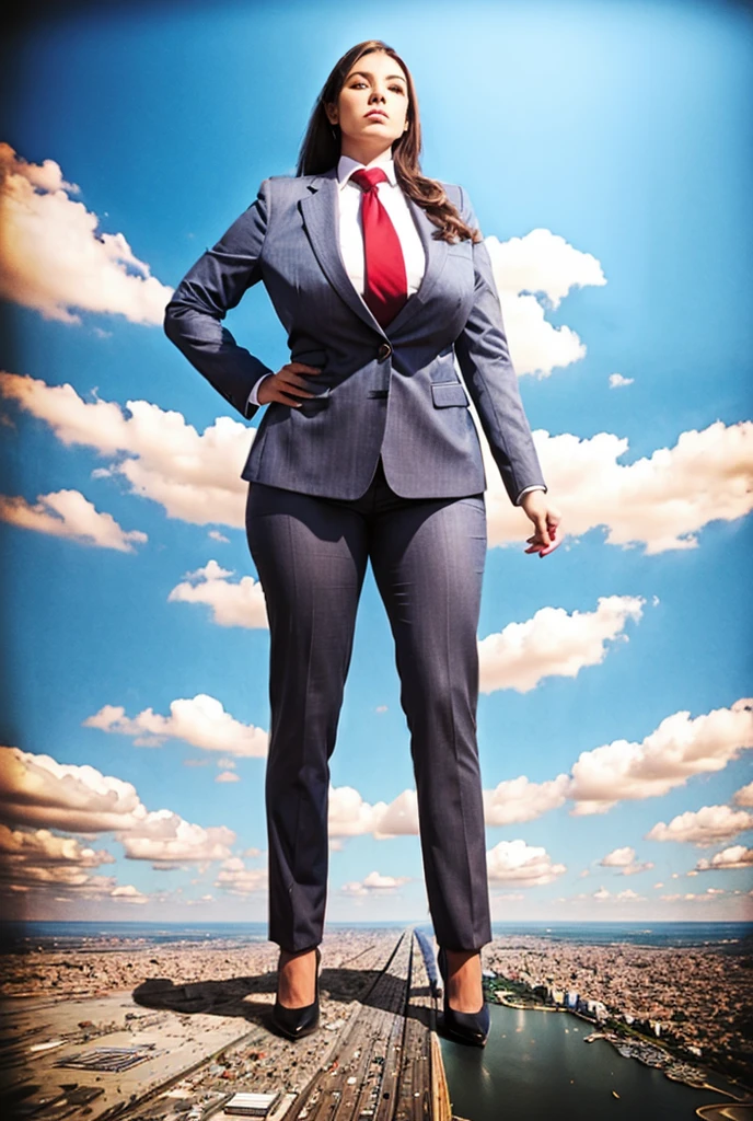 Looking up at the approaching young giantess from below, Giantess art, 500 miles tall giga giantess, young sophisticated and stylish woman in a light grey italian pinstriped trouser suit, form fitting crisp white office shirt, and a large wide blue necktie in a windsor knot, with a beautiful, curvaceous figure, large natural breasts, and long wavey redhead hair, with a curvaceous figure and massive breasts. wearing blue rounded court high heels with uncovered feet and standing, rampage-like pose, with a city skyscrapers background of mega-city, skyscapers, partially obscured by a hazy, cloudy atmosphere. The image is a high-resolution, masterpiece-quality, cinematic, ultra-detailed, and hyper-photorealistic photograph, with perfect hands, face, and lighting. ultra-detailed, 8K, photo-realistic, hyper-realistic, masterpiece, intricate details, full body view. Looking at camera, The image is a high-resolution, masterpiece-quality, cinematic, ultra-detailed, and hyper-photorealistic photograph, with perfect hands, face, and lighting. ultra-detailed, 8K, photo-realistic, hyper-realistic, masterpiece, intricate details, viewed from below