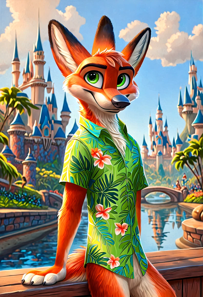  Nick the Fox in Zootopia。Disneyland costume 。 in a cool pose 。 wearing a green Hawaiian shirt 。 Disney movie Zootopia painting style。 has green eyes 。