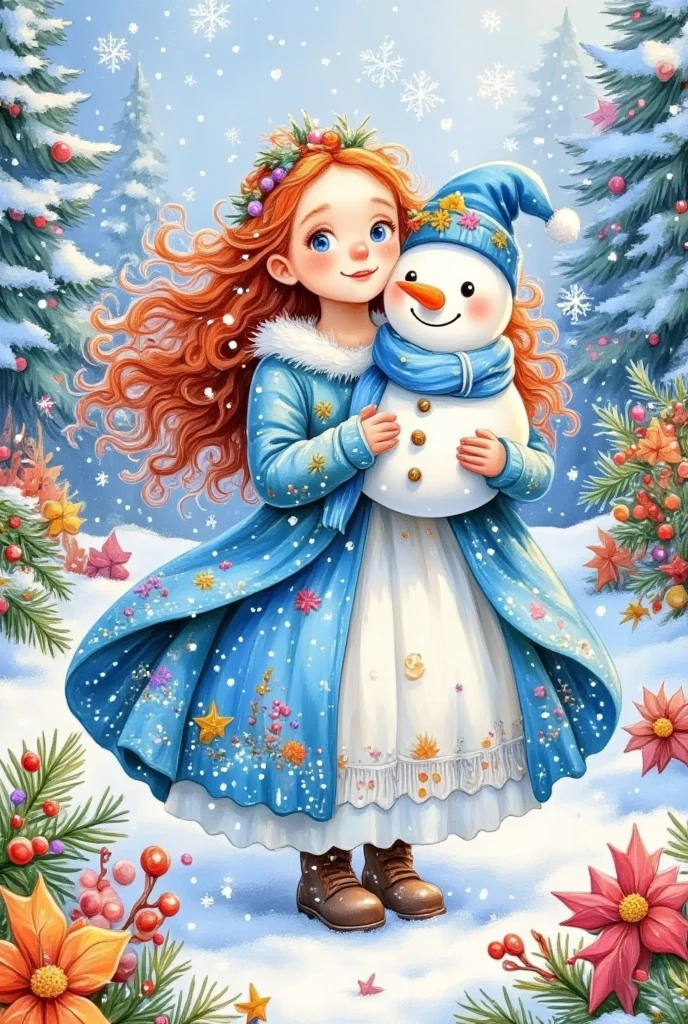 a painting of a woman in a blue dress holding a snowman, a detailed painting inspired by Victor Nizovtsev, behance contest winner, pop surrealism, queen of winter, winter princess, goddess of winter, whimsical art, anna nikonova aka newmilky, cute detailed digital art, winter in the snow, in the winter, jen bartel, snow glow