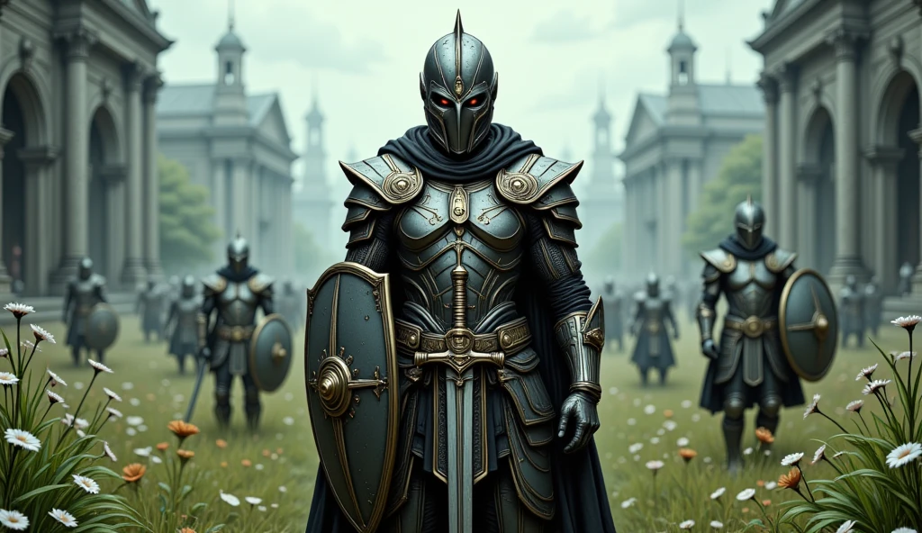 Wide view, futuristic, Sci-fi cinematic scene. Green grassland flowers field natural background. The Roman Empire General in center if the chaotic battlefield, holding sword nad shied, wearing intricate detail armor. Golden Ancient runes and cybernectic line decorate, Grimmdark. (Ultra-realistic, 32k, Masterpiece, High Quality, Detailed Realistic Background, Official Art, Realistic Lighting, filmfotos, film grain, reversal film photography).