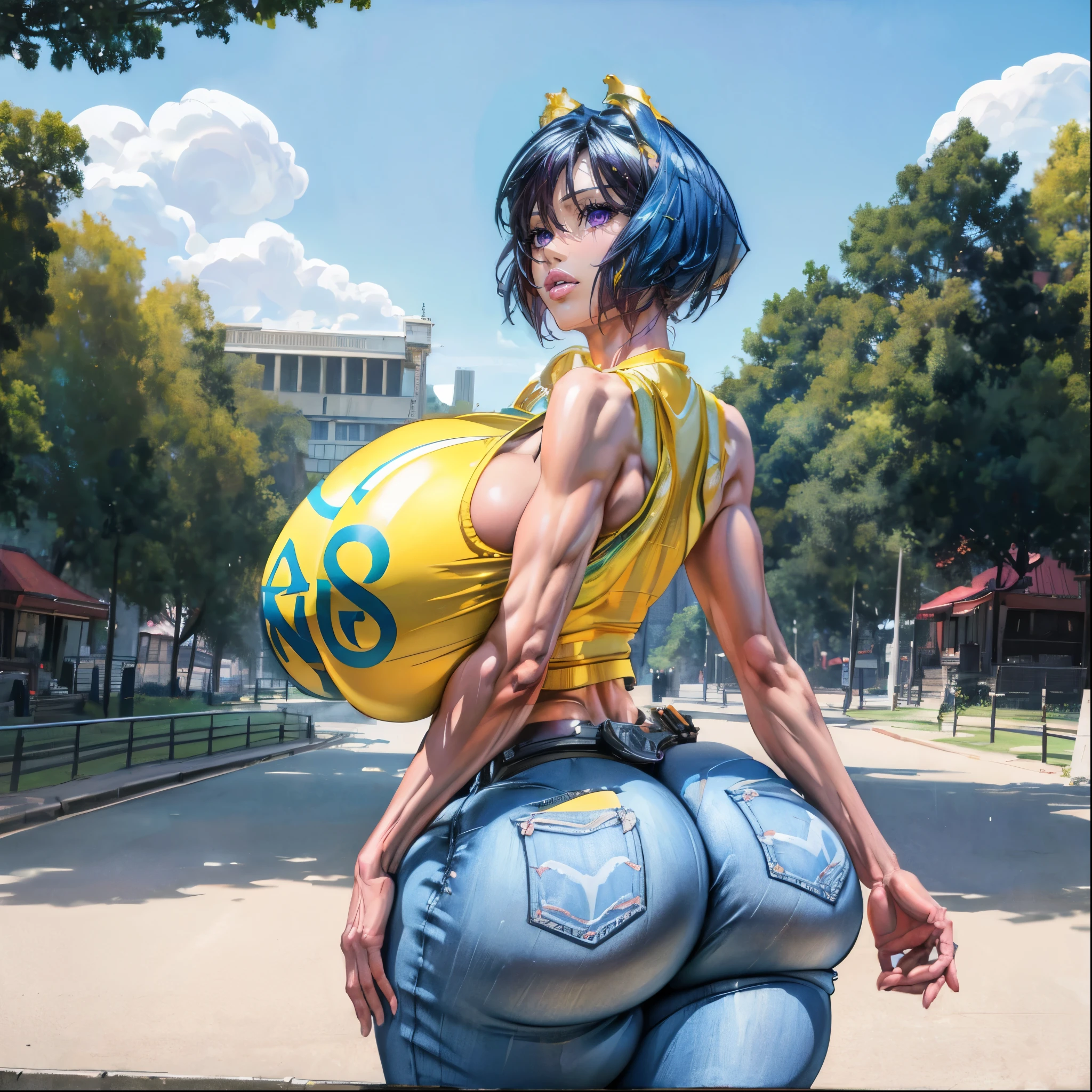 (arms behind back:1.4), (wearing jean shorts and tanktop), (walking in park), (smooth details), (award-winning work), (hyperrealism, absurd atmosphere), (highest quality, masterpiece, ultra high resolution), (professional, anatomically correct, masterpiece-anatomy-perfect), (raw), (realistic), (dynamic lighting), (hyperrealism, absurd atmosphere), (Lots of detail, realism, works by Omar Ortiz), skin with shine, (slim thick, fit, beautiful). (Solo:2), (short pixie hair cut), (beautiful young Dania Ramirez). (extremely-tall), (perfect-gigantic-fake-boobs), (perfect-wide-hips), (bbw:0), (perfect-big-legs).