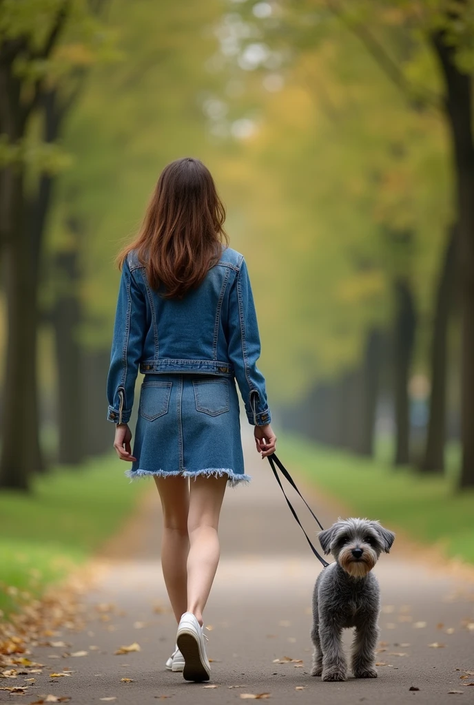 creates an image of a woman walking in a London park ( to be on your back), with a small dog , gray and hairy . The woman must be brown-haired and dressed in jean clothing , Jean's skirt and jacket.