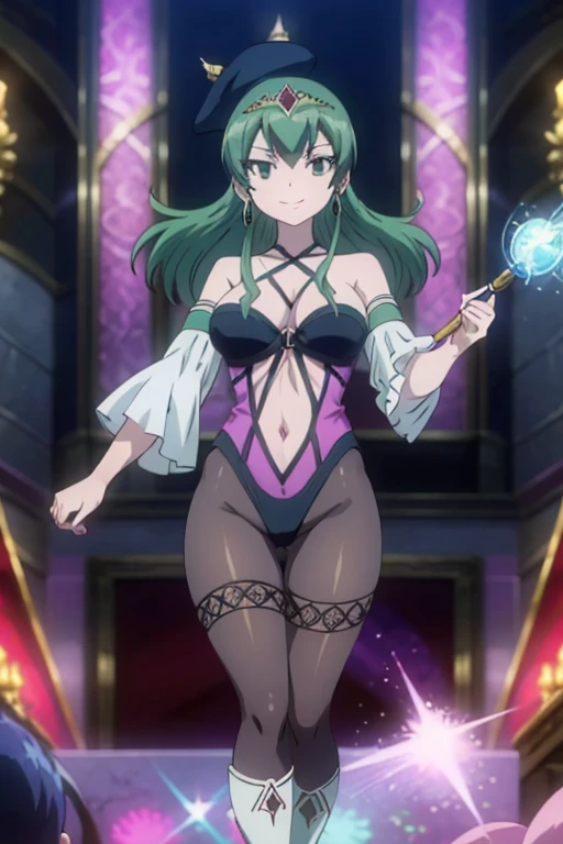 masterpiece, absurdres , (intricate details), (colorful),cinematic lighting,bust shot,extremely detailed CG unity 8k wallpaper,  hisuiefiore,floating hair, looking at viewer, a magic aura around her, magic wand, show, stage, green eyes, green hair, floating, dropping sleeves, cards, female magician leotard, magician hat, frills, long hair, brown boots, black pantyhose, purple outfits, smile, pole dancing