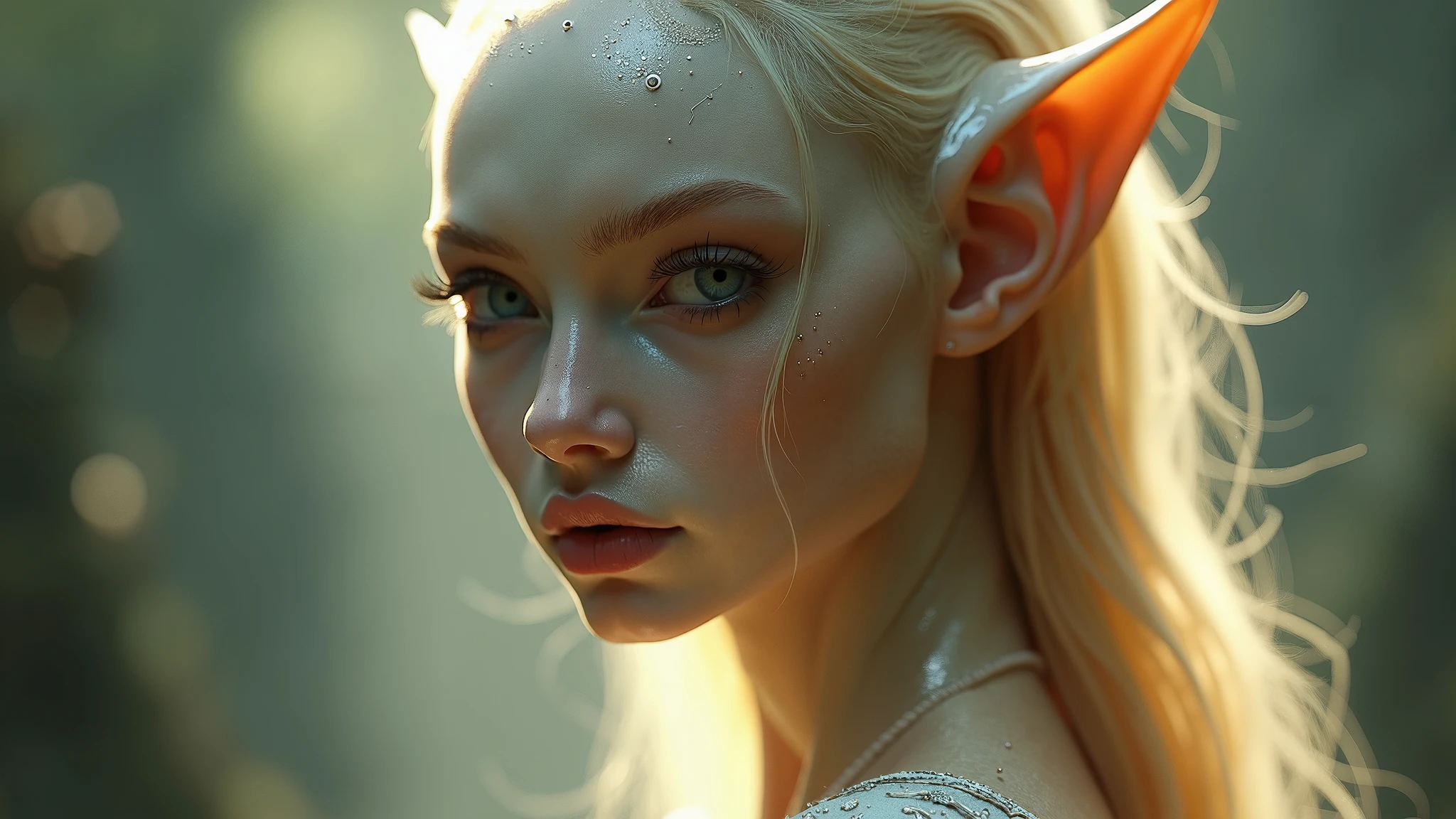 a portrait of a elf girl with freckles and bright striking blue eyes posing for a photo,full body, bare shoulders, muscular, fit, defined abs, thongs, (prominent cameltoe) white freckles, long flowing green hair flying, glowing radiance, beautiful pale makeup, color portrait, stunning portrait, elegant freckles, wearing black thongs with glowing runes of power, black gloves, star-shine, gold dust spread across her skin and her face, (dark, hyper-realistic photos (((portrait))) refraction ,Dark background of magical night forest, deep woods, towering ruins, starlight skies, A mystical and epic landscape, featuring a fantastical and surreal world of floating islands, giant trees, and mythical creatures, that transport the viewer to a world of imagination and wonder, artstation, digital art, intricate, trending, bright colors suitable for viewing in public places A masterpiece, the best quality, stunning reflections, the best reflections ever. (very detailed CG unity 8k wallpapers), (best quality), (best illustrations), (best shadows), forest theme with natural elements. Tall trees, quiet streams, small glowing mushrooms surrounded by delicate leaves and branches, with fireflies and glowing particle effects,, (natural elements), (jungle theme), (leaves), (twigs), (fireflies), butterflies, (delicate leaves), (glow), (particle effects). , Isometric 3D, Octane Rendering, Ray Traced, Super Detailed