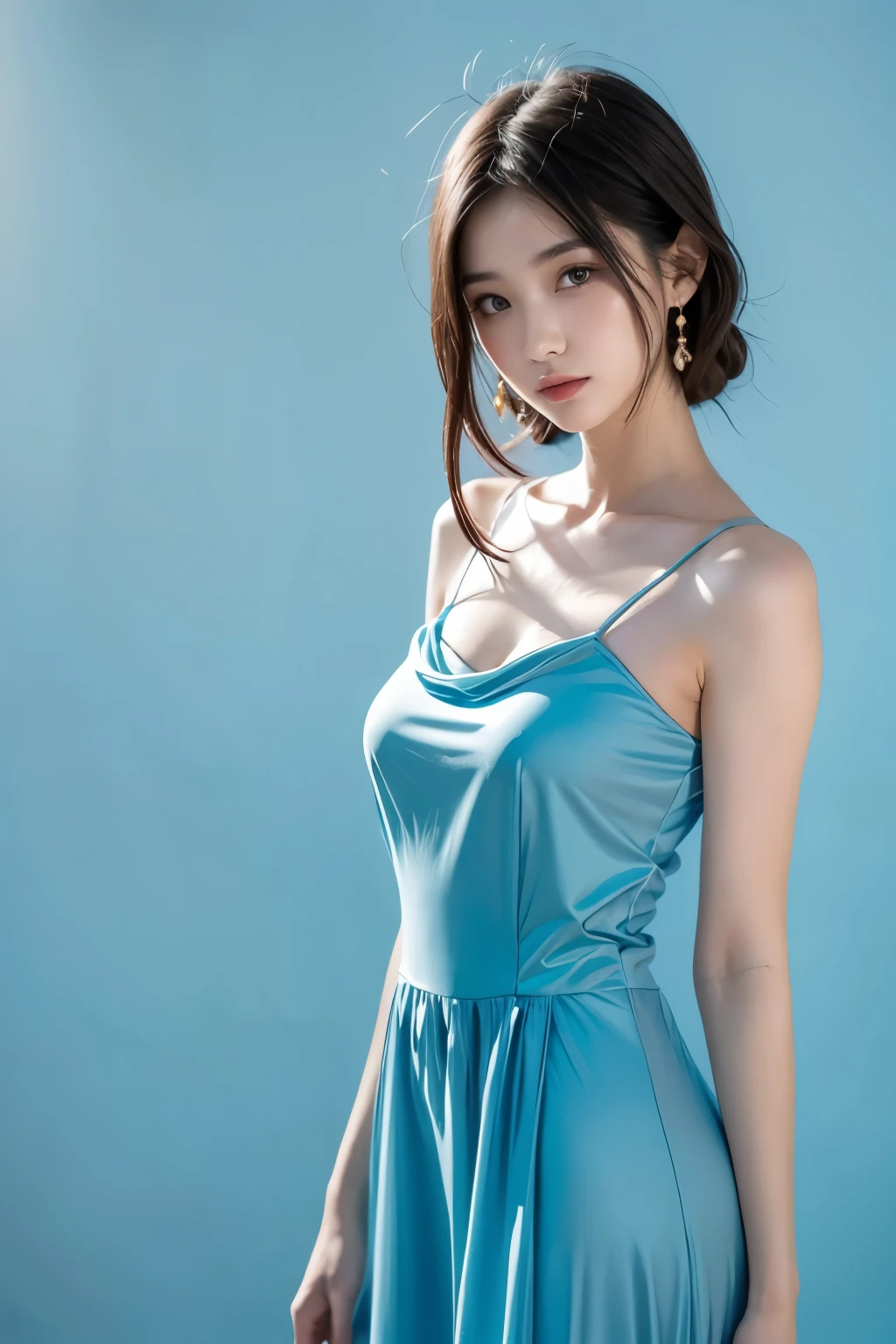 21yo girl, beautiful dress, blue background 