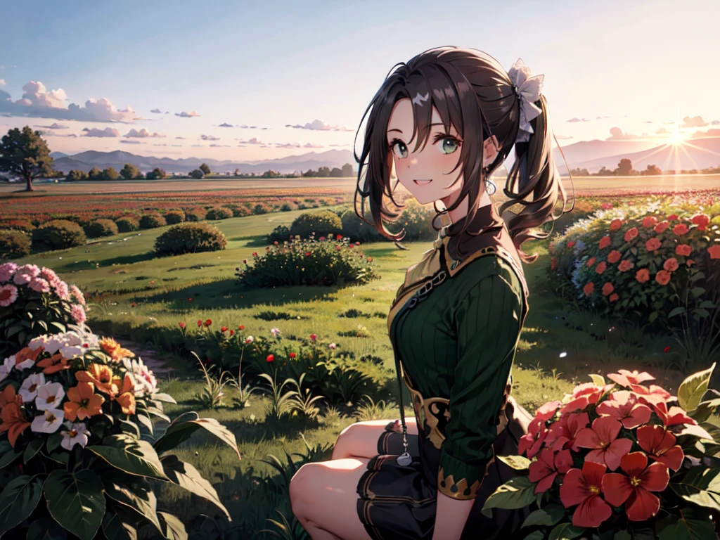1girl, solo, village house, trees, sun, clouds, ((brown hair)), ponytail, large breasts, ((green dress)), cleavage 1:3, green eyes, brown boots, smile, happy, looking at the viewer, standing, hair ribbon, golden necklate, wind