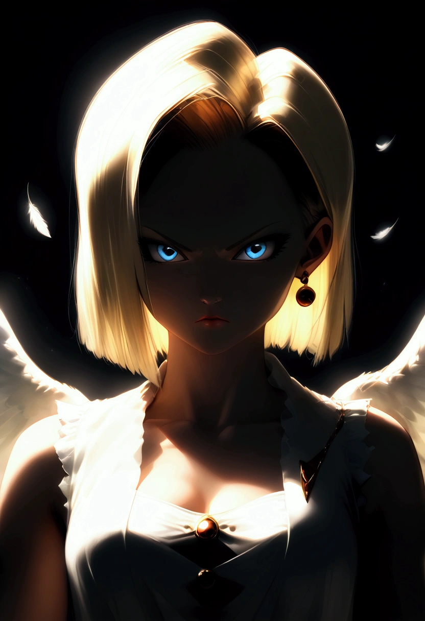 A highly detailed full-body portrait of Android 18 from Dragonball Z, furious expression, wearing a breathtaking celestial dress adorned with an abundance of feathers, surrounded by a dark aura, gigantic magical feather angel wings, intricate details, dramatic lighting, cinematic composition, hyper-realistic, 8k, photorealistic, award-winning digital art