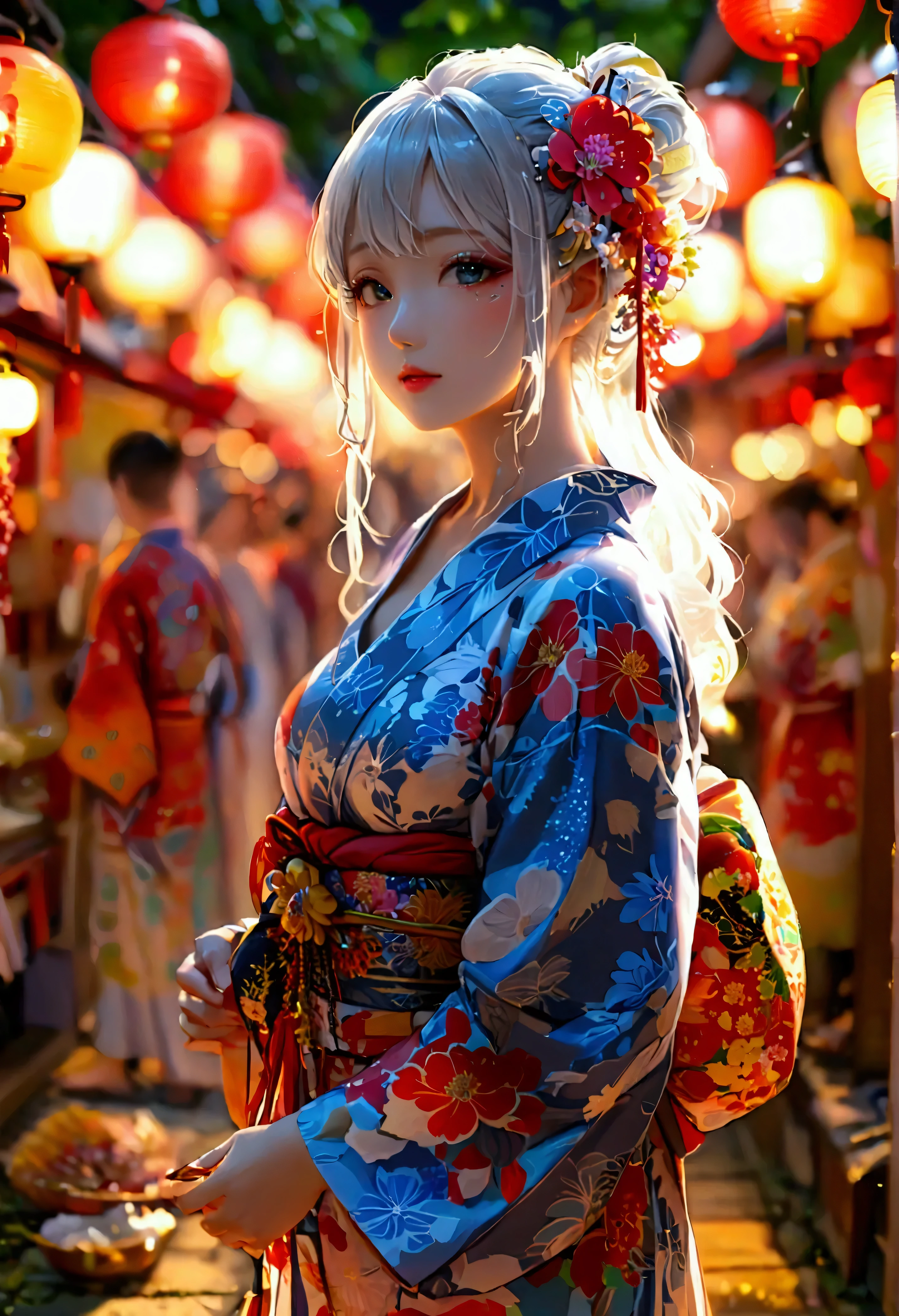 Highest quality, Super quality, 16K, Incredibly absurd, Very detailed, 2.5D, delicate and dynamic, very humid summer night, Complex Light, ,Japan's Bon Odori Festival, many stalls , , Small face, Extremely delicate facial expression, Delicate eye depiction, Extremely detailed hair, (full body photo:1.3), erotic, sole sexy Japanese lady, healthy slim body, 22 years old lady, ,  ((large breasts:1.2), (huge breasts:1.2), (Uplifted and well-defined bust:1.2), (lifted chest:1.2), (perky breasts :1.2),(deep cleavage:1.4),, white silver long hair, sexy long legs, Glowing Skin, Soft Skin, wearing a Japanese traditional Yukata, A complex costume, Costumes in complex colors, Are standing, 