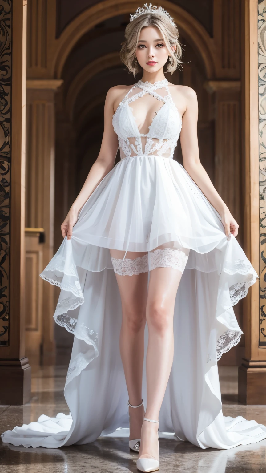 ((Woman Standing On Balcony Of Old Castle))、((Rear view)),((look back))、Highest quality works、Actual work、Ultra Premium Graphics、8K HD CG Works、High Quality Graphics、High-definition CG works、10x pixels、Ultra-fine detail:1. 1、High technical level:1.1 PhotoReal、Natural light:1. 5、Light Effects(Virtual Light Effects:1.8)、((Straight Van、Princess Van))、((Very Heavy、Volume Bang:1.1)、((Very Long、Very Heavy、Very Volume Side Lock:1. 1)、hime cut、Straight bangs、Bangs straight、(masterpiece、Highest quality:1.5)、(Ultra Fine 8K CG:1.4)、(Hyperreal:1.25)、(Real:1.1. 4)、((Golden white hair))、Thin eyebrows、High nose、Nice red lips、Rosy Cheeks、Delicate makeup face、Cute face、Perfectly balanced face、()、A light-toned foundation enhances the clarity of your skin.。 ((Off-the-shoulder translucent white floral pattern dress))、((My skirt is flying up in the wind))、 ((I can see her white panties)), 40k、photograph、、Highest quality、(1. Beautiful eyes、Light Hair、White skin、Mr. miss.々Pose、((Medium chest、:1.1))、Highest quality、Tabletop、Ultra-high resolution、(Real:1.4)、RAWphotograph、(Perfect Figure)、(slim、:1.3)。 3)、Slim abdomen、over