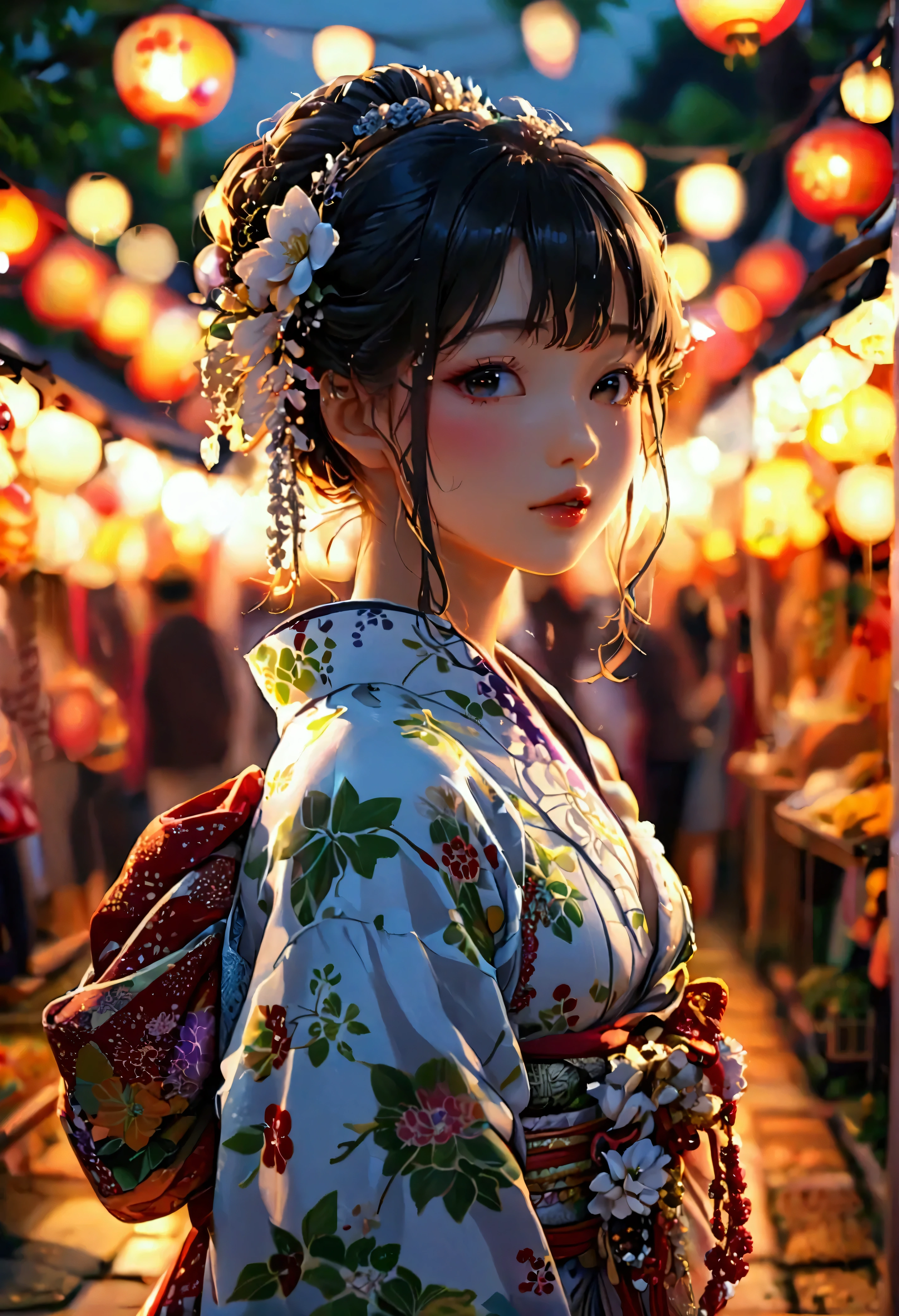 Highest quality, Super quality, 16K, Incredibly absurd, Very detailed, 2.5D, delicate and dynamic, very humid summer night, Complex Light, ,Japan's Bon Odori Festival, many stalls , , Small face, Extremely delicate facial expression, Delicate eye depiction, Extremely detailed hair, (full body photo:1.3), erotic, sole sexy Japanese lady, healthy slim body, 22 years old lady, ,  ((large breasts:1.2), (huge breasts:1.2), (Uplifted and well-defined bust:1.2), (lifted chest:1.2), (perky breasts :1.2),(deep cleavage:1.4),, white silver long hair, sexy long legs, Glowing Skin, Soft Skin, wearing a Japanese traditional Yukata, A complex costume, Costumes in complex colors, Are standing, 