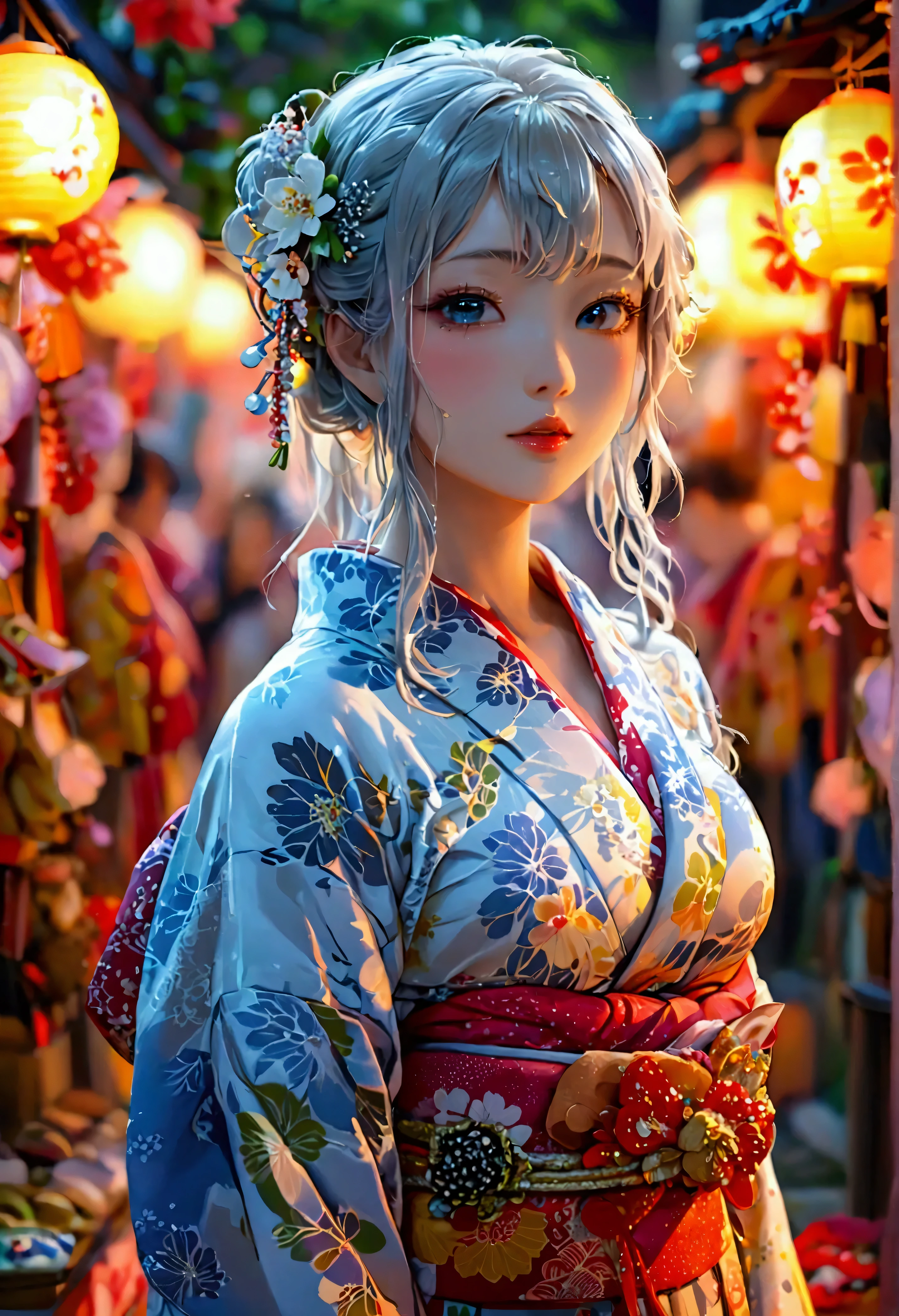 Highest quality, Super quality, 16K, Incredibly absurd, Very detailed, 2.5D, delicate and dynamic, very humid summer night, Complex Light, ,Japan's Bon Odori Festival, many stalls , , Small face, Extremely delicate facial expression, Delicate eye depiction, Extremely detailed hair, (full body photo:1.3), erotic, sole sexy Japanese lady, healthy slim body, 22 years old lady, ,  ((large breasts:1.2), (huge breasts:1.2), (Uplifted and well-defined bust:1.2), (lifted chest:1.2), (perky breasts :1.2),(deep cleavage:1.4),, white silver long hair, sexy long legs, Glowing Skin, Soft Skin, wearing a Japanese traditional Yukata, A complex costume, Costumes in complex colors, Are standing, 