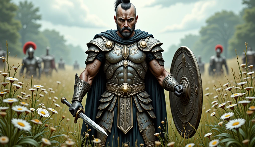 Wide view, Realistic cinematic scene. Ancient 
Rome culture, Green grassland flowers field natural background. The Roman Empire General in center if the chaotic battlefield, holding sword and shied, wearing intricate Rome detail armor. Golden Ancient runes and cybernectic line decorate, Grimmdark. (Ultra-realistic, 32k, Masterpiece, High Quality, Detailed Realistic Background, Official Art, Realistic Lighting, filmfotos, film grain, reversal film photography).