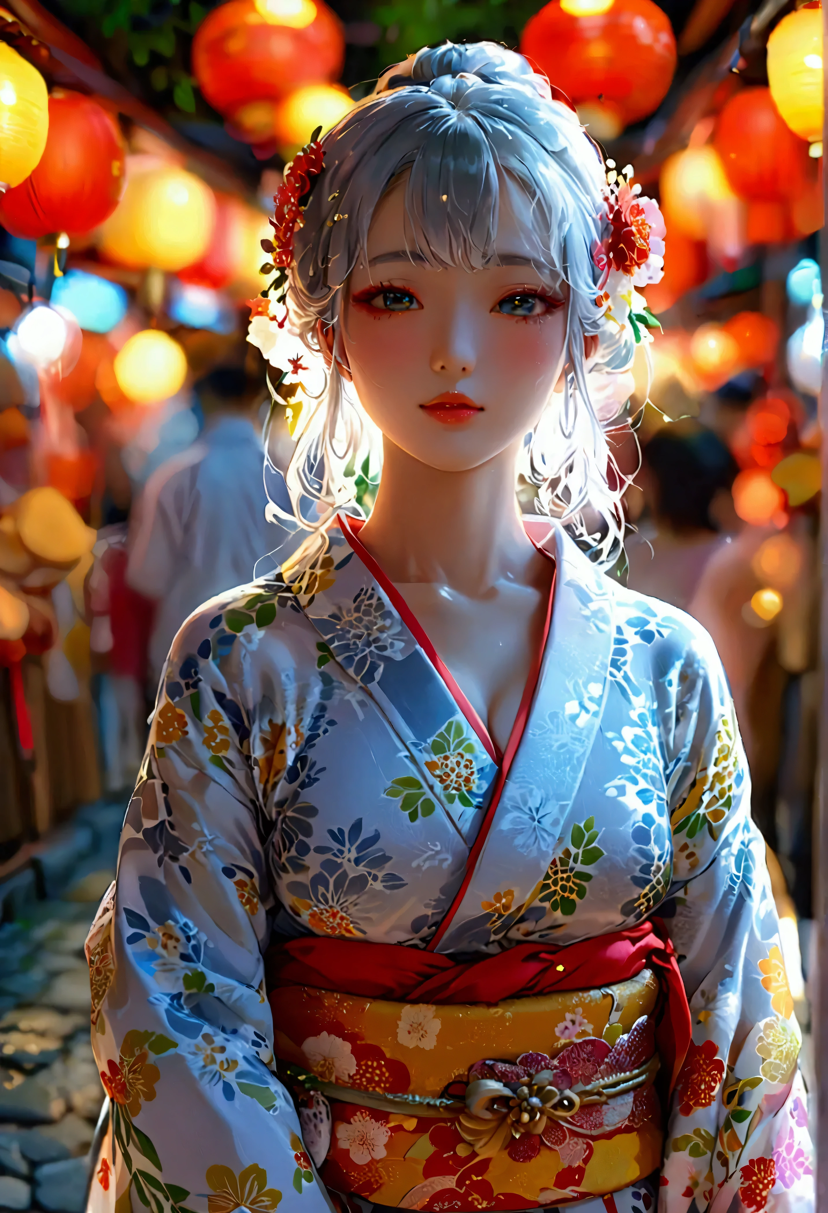 Highest quality, Super quality, 16K, Incredibly absurd, Very detailed, 2.5D, delicate and dynamic, very humid summer night, Complex Light, ,Japan's Bon Odori Festival, many stalls , , Small face, Extremely delicate facial expression, Delicate eye depiction, Extremely detailed hair, (full body photo:1.3), erotic, sole sexy Japanese lady, healthy slim body, 22 years old lady, ,  ((large breasts:1.2), (huge breasts:1.2), (Uplifted and well-defined bust:1.2), (lifted chest:1.2), (perky breasts :1.2),(deep cleavage:1.4),, white silver long hair, sexy long legs, Glowing Skin, Soft Skin, wearing a Japanese traditional Yukata, A complex costume, Costumes in complex colors, Are standing, 