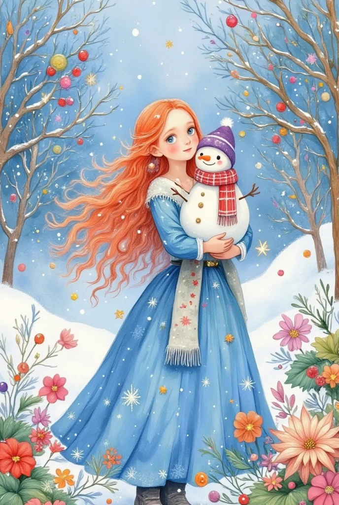 a painting of a woman in a blue dress holding a snowman, a detailed painting inspired by Victor Nizovtsev, behance contest winner, pop surrealism, queen of winter, winter princess, goddess of winter, whimsical art, anna nikonova aka newmilky, cute detailed digital art, winter in the snow, in the winter, jen bartel, snow glow