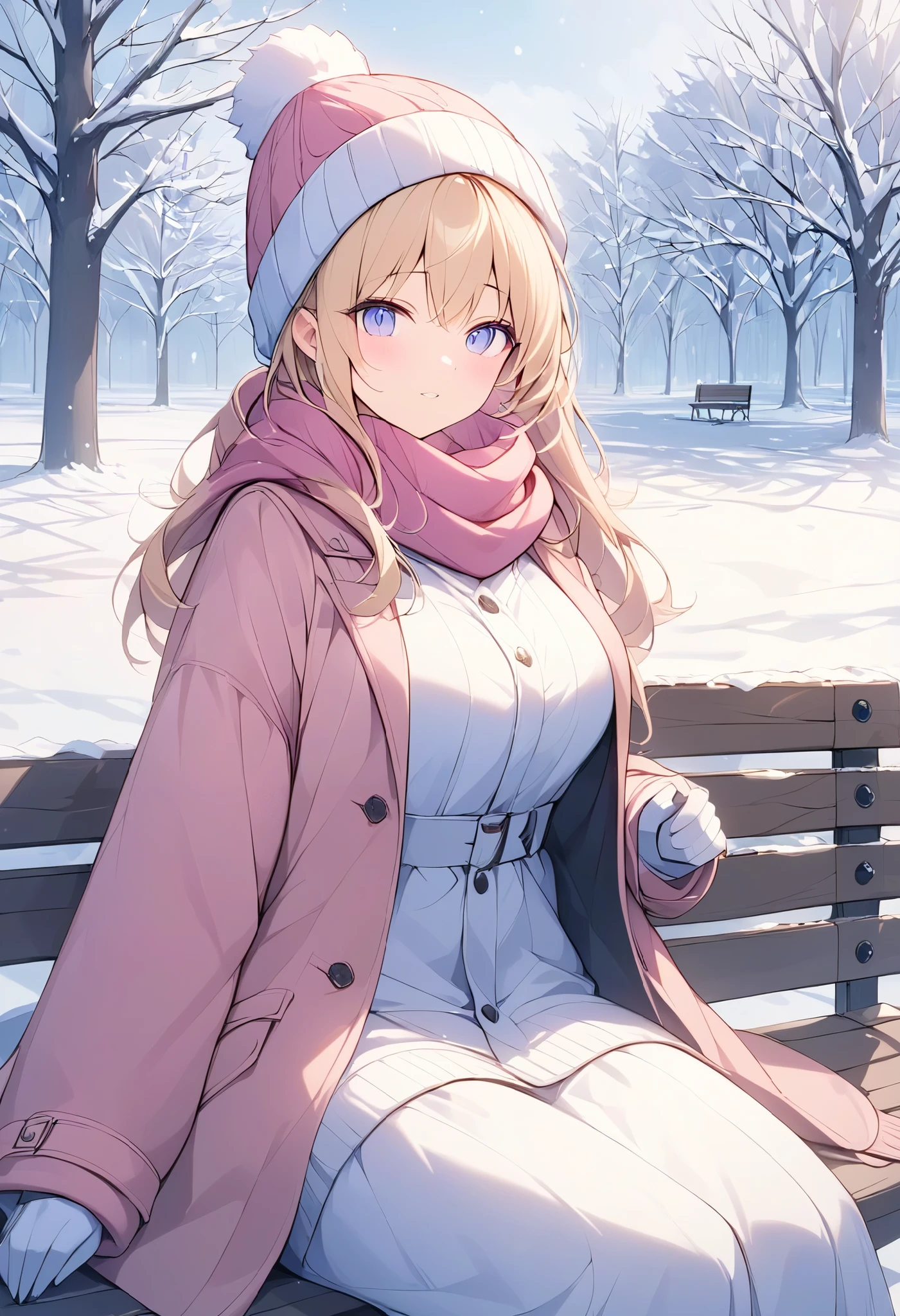 (((Best quality, 8k, Masterpiece: 1.3)), ((best quality)), ((masterpiece)), (detailed), perfect face, perfect body, (detailed skin:1.3), (intricate details), A blonde-haired woman wearing a fluffy pink coat, sitting on a wooden bench in a snowy winter setting. She is also wearing a knitted hat, scarf, and gloves, exuding warmth and comfort in her stylish attire. Her breath is visible in the frosty air as she gazes at the peaceful snowy surroundings. Snowflakes gently fall around her, and the ground is blanketed in a soft layer of fresh snow. The bench is set in a serene park, with snow-covered trees and a tranquil atmosphere. The soft pink of her coat contrasts beautifully with the white snow, adding a touch of warmth to the chilly scene