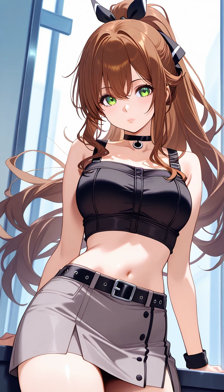 brown hair, long hair, ponytail, hair ribbon, green eyes, lips, choker, bare shoulders, black top, crop top, grey skirt, miniskirt, belt,