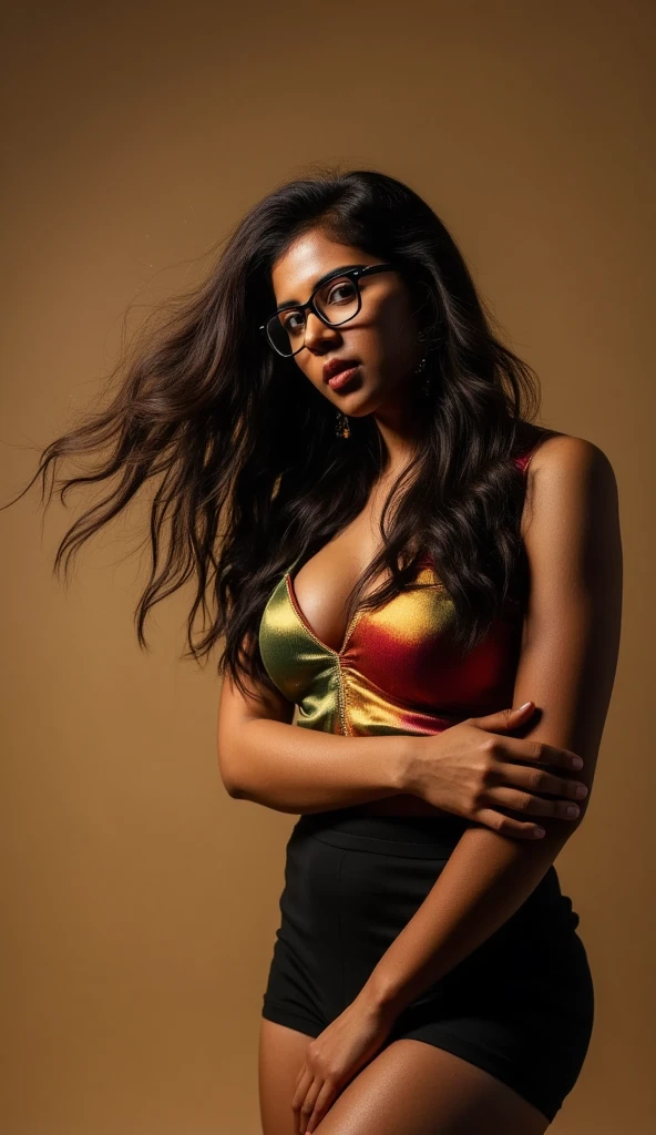 Captured from below,  an exuberant Indian woman with long, flowing hair with a sensual pose, looking in front of the camera as an expression of erotic climax , blacklowblouse ,  tight clothing, wearing glasses,  deep neckline ,  Thick and big thighs ,  dark fantasy , hyper detailed,  curls of long green gold ,  dramatic shadows , rich colors,  room,  award-winning digital art ,  Masterpiece, 8K,  high resolution, 